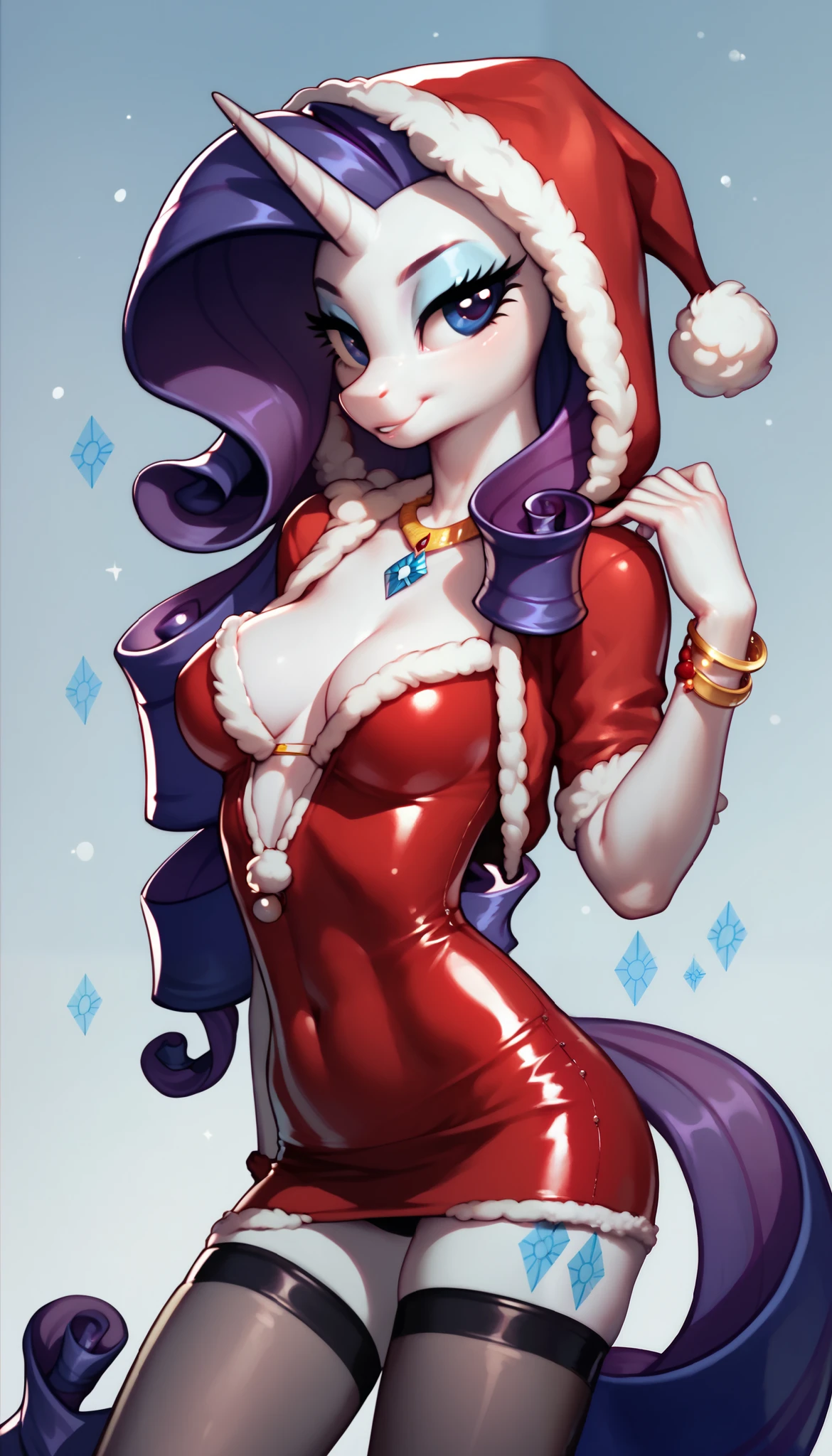 score_9, score_8_up, score_7_up, Rarity, mlp, anthro, 1girl, purple eyes, solo, two curly top hair with hair strands on the side, tight body suit, black elastic stockings, slim breasts, cleavage, jewellery, 1girl, solo, Christmas, (hood with white fur), skirt