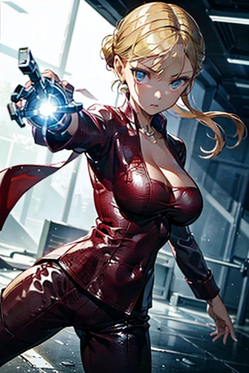  1 girl ,  high definition , Blonde,  Chignon flowing sideways ,  Big Breasts , Three white eyes,  Yandere, 
terminator、 Christana Loken
battleground、 machine arm 、Liquid Metal 、Shoot and Warp 
stomp on the sole 、 points your index finger against the backgroundシンプルな背景,  scornful eyes, 