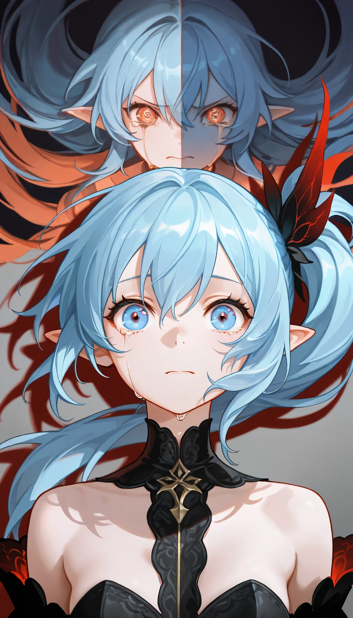 (((Best quality, 8k, Masterpiece: 1.3)), ((best quality)), ((masterpiece)), (detailed), perfect face, perfect body, (detailed skin:1.3), (intricate details), longeyelashes, blue hair, side ponytail, streaming tears, pointy ears, Surrealism, drop shadow, tachi-e, Widow, mourning clothes, Funeral, Rainy Sky