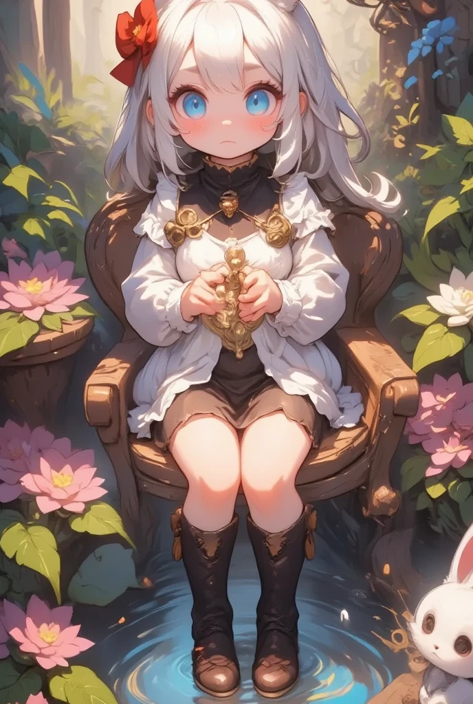 1girl, (furry, kemono:1.3), rabbit, rabbit girl, rabbit ears, blue eyes, long hair, hair flower, brown hair, braid, blush, very long hair, hair ornament, long sleeves, looking at viewer, flower, petals, bow, solo, holding, upper body, smile, cross, stained glass