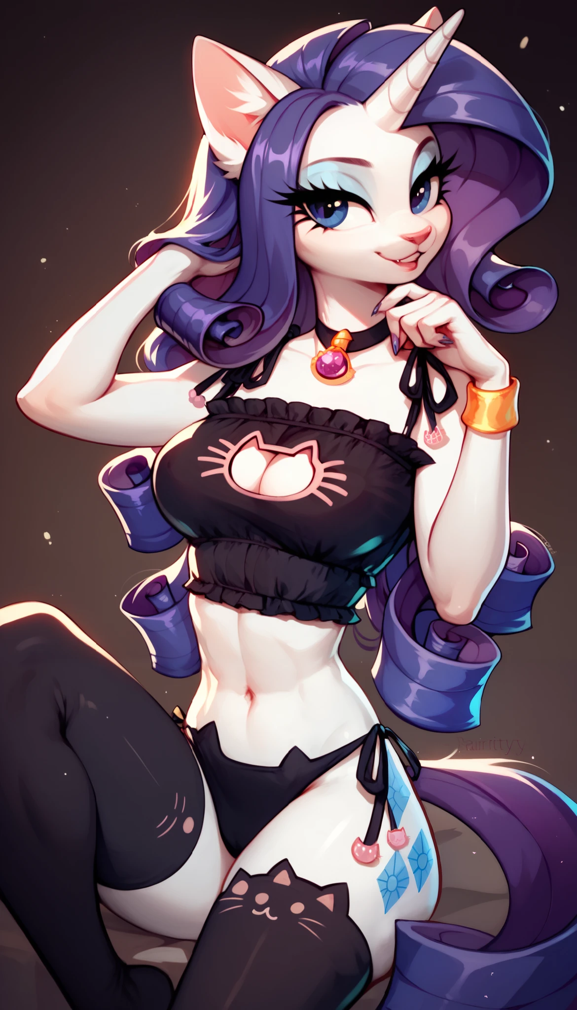 score_9, score_8_up, score_7_up, Rarity, mlp, anthro, 1girl, purple eyes, solo, two curly top hair with hair strands on the side, tight body suit, cat lingerie, sexy outfit, cat stockings, slim breasts, cleavage, jewellery, 1girl, solo, 