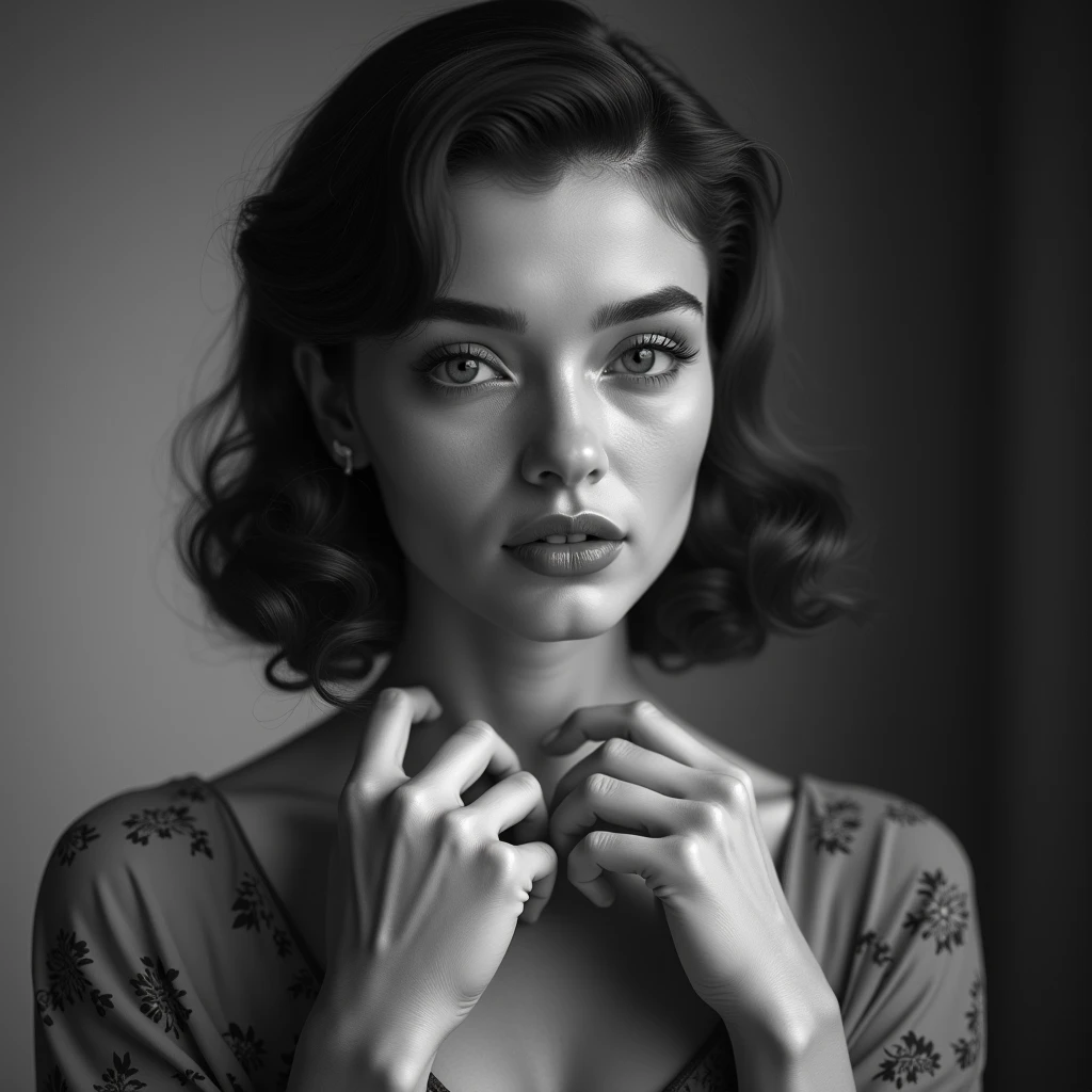 25yo, classy, black and white photograph, 1950s photo, (human realism)++, (photographic realism)++, oiled skin, stretch marks, natural high-definition skin texturing (small female hands)+++