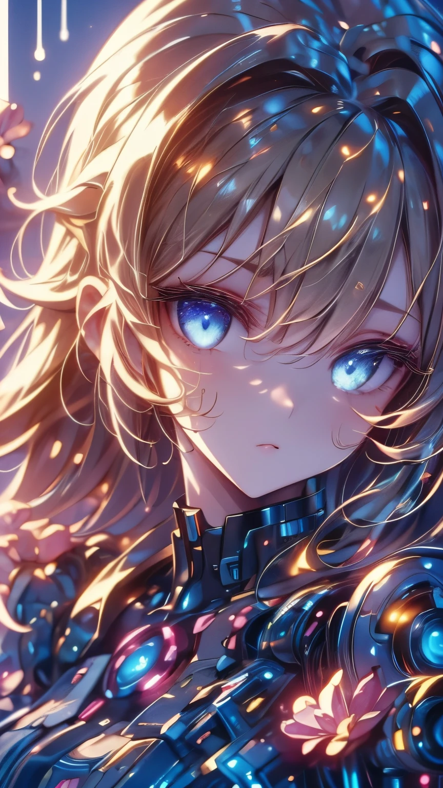   masterpiece  ,  top quality, (alone focus), ( perfect face:1.1), ( high detail:1.1), ( ultra-detailed eyes sandwiched between columns), dramatic, 1 person,   Long Blonde Hair , Psychic Eyes, (Thin eyebrows), alone,  long hair, moon,   knight ,  White Luxury Suit ,  plump lips , proud look with roof,  Detailed Background , Art by artgerm,  movie-like lights, Rose, fashion, Part of the body is mechanical,Huge Weapons,