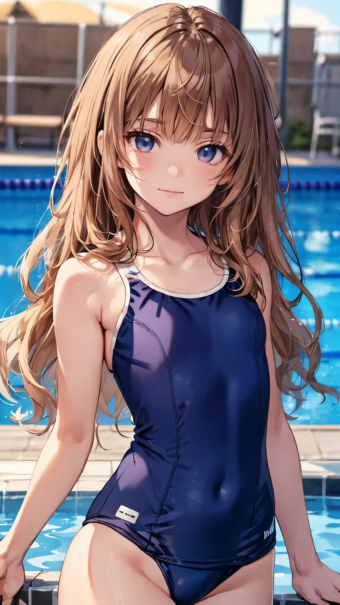 ((cowboy shot)),1girl, hermione,(chibi,flat chest),long hair,wavy hair,messy hair,(dark blue school swimsuit:1.3),pool,masterpiece,Noise Reduction,perfect anatomy,high resolution, ultra-detailed, ultra-detailed face,game cg,dutch angle ,beautiful detailed eyes,visualart,five fingers, perfect hands, perfect lighting,