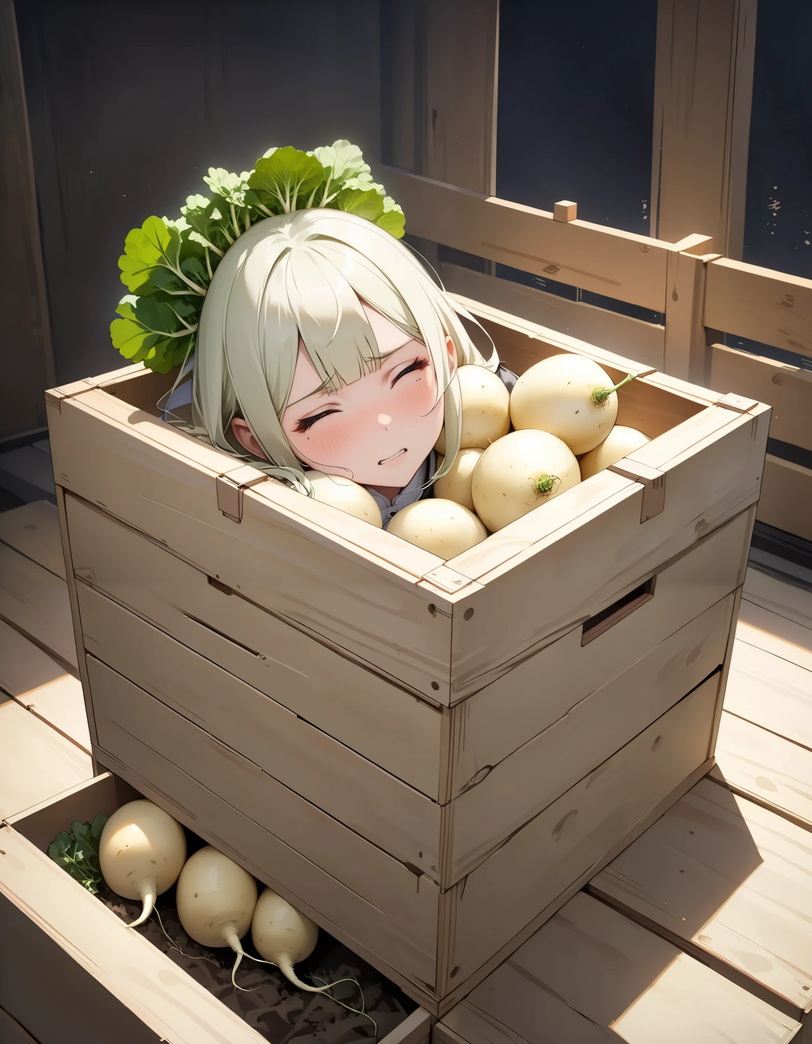 nsfw:1.2, nsfw, ( top quality:1.2,  very detailed, masterpiece:1.2,  top quality,  best aesthetics), One person, ( 1 Woman ), (A woman packed in a big wooden box, Personification of radish),  (((Looking down:1.6))), ( detailed skin:1.2),  very detailed大根の質感,  full body shot,  Daikon Lady , ((Daikon in a Box )), BDSM,  wearing the groom's ,  Daikon Lady を拘束,  Dark Palette , (tired), ( ahe face:1.4), Anticipation and excitement,