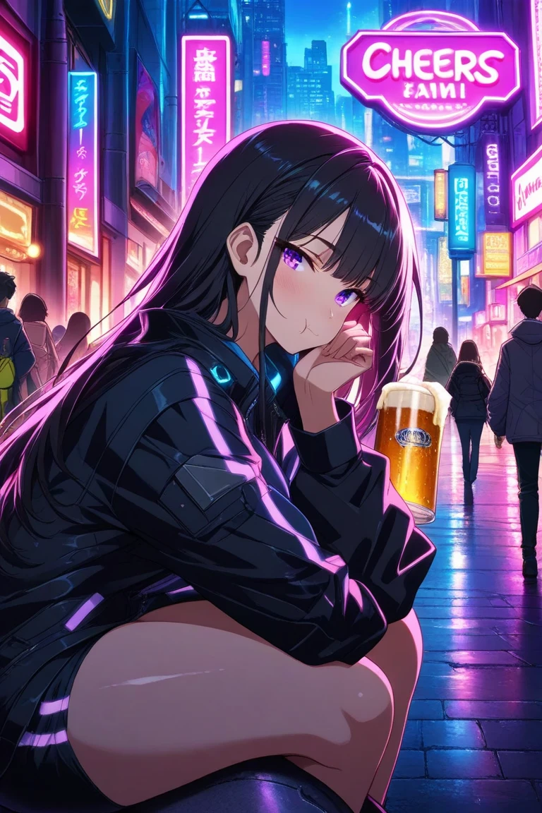 Beauty, long black hair,Eating with relish,食べ物のプレートを持つBeautyアニメキャラクター,multiple girl,  Duo Focus , , sitting , watching viewers , Outdoor Bar ,  Under Neon Lights , cheers, Cheers Together , Under the arms, drinking Beer , Beer ,  Under Neon Lights ,  Cyberpunk Atmosphere ,  neon sign , street, crowd,  masterpiece  ,  top quality,4K UHD,  high detail , scenery,   Extreme Light Glow , , anime cover .close