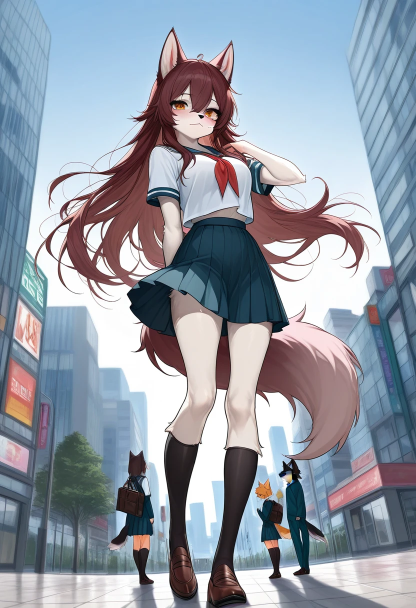 Anime style wolf Furry women,full body, (medium breasts) very long medium legs, school uniform, in the city, 