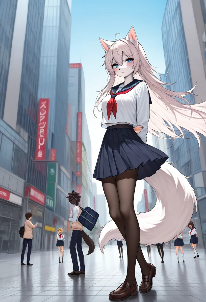 Anime style wolf Furry women,full body, (medium breasts) very long medium legs, school uniform, in the city, 