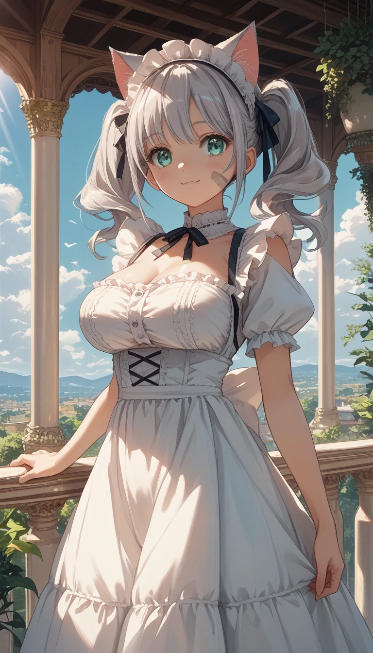 score_9, score_8_up, score_7_up,source_anime,1 cute girl,Silver Hair, twin tails、cat ears,　　Big Breasts、 Lolita style maid clothes　Miniskirt　valley　Aqua Eye 　Dirty body　　Eat curry and rice 　happysmile　　Beautiful face　 Balcony 　 Sun Sunlight