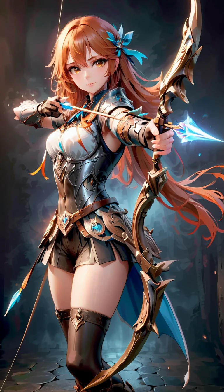  1 girl in uniform, Alone,  shield , arms,  thigh-length socks , Polearm,  gloves,  boots,  long hair,  black background, armor, brown- gloves,  ponytail,  orange hair, Full Body Spear, ribbon,  holding,  simple background,  holding-arms,  is looking, hair-ribbon, black- thigh-length socks , Brown footwear, smile,  brown eyes,  shirt, Yellow Eyes,  standing,  shorts, Knee pads, blue-ribbon, belt, shoulder-armor, white- shirt, vest, ((Spear and Shield)), ((big ) 1.2)