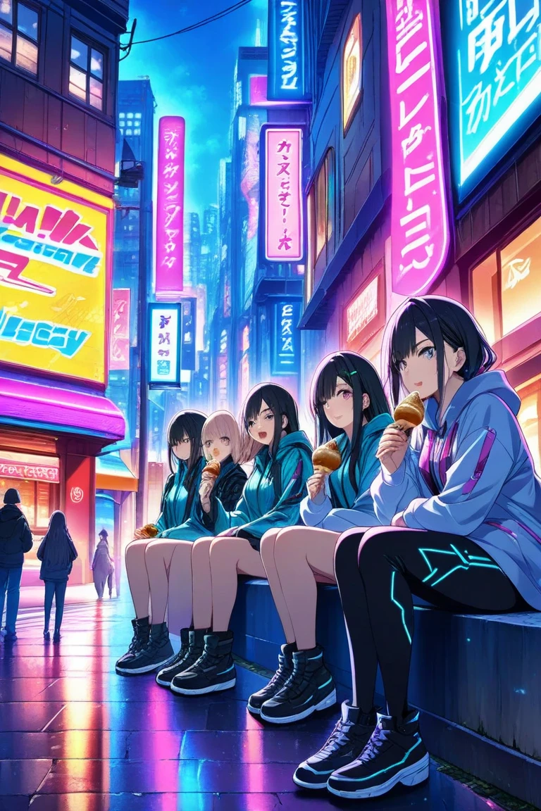 Beauty, long black hair, eating delicious food,食べ物のプレートを持つBeautyアニメキャラクター,multiple girl,  Duo Focus , , sitting , watching viewers , Outdoor Bar ,  Under Neon Lights ,  Cyberpunk Atmosphere , blue neon sign , street, crowd,  masterpiece  ,  top quality,4K UHD,  high detail , scenery,   Extreme Light Glow , , anime cover .close