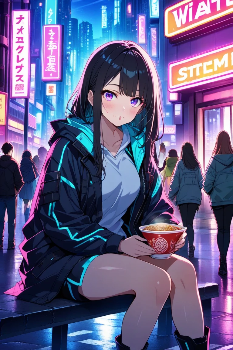 Beauty, long black hair,They are eating ramen deliciously,食べ物のプレートを持つBeautyアニメキャラクター,multiple girl,  Duo Focus , , sitting , watching viewers , Outdoor Bar ,  Under Neon Lights ,  Cyberpunk Atmosphere , blue neon sign , street, crowd,  masterpiece  ,  top quality,4K UHD,  high detail , scenery,   Extreme Light Glow , , anime cover .close