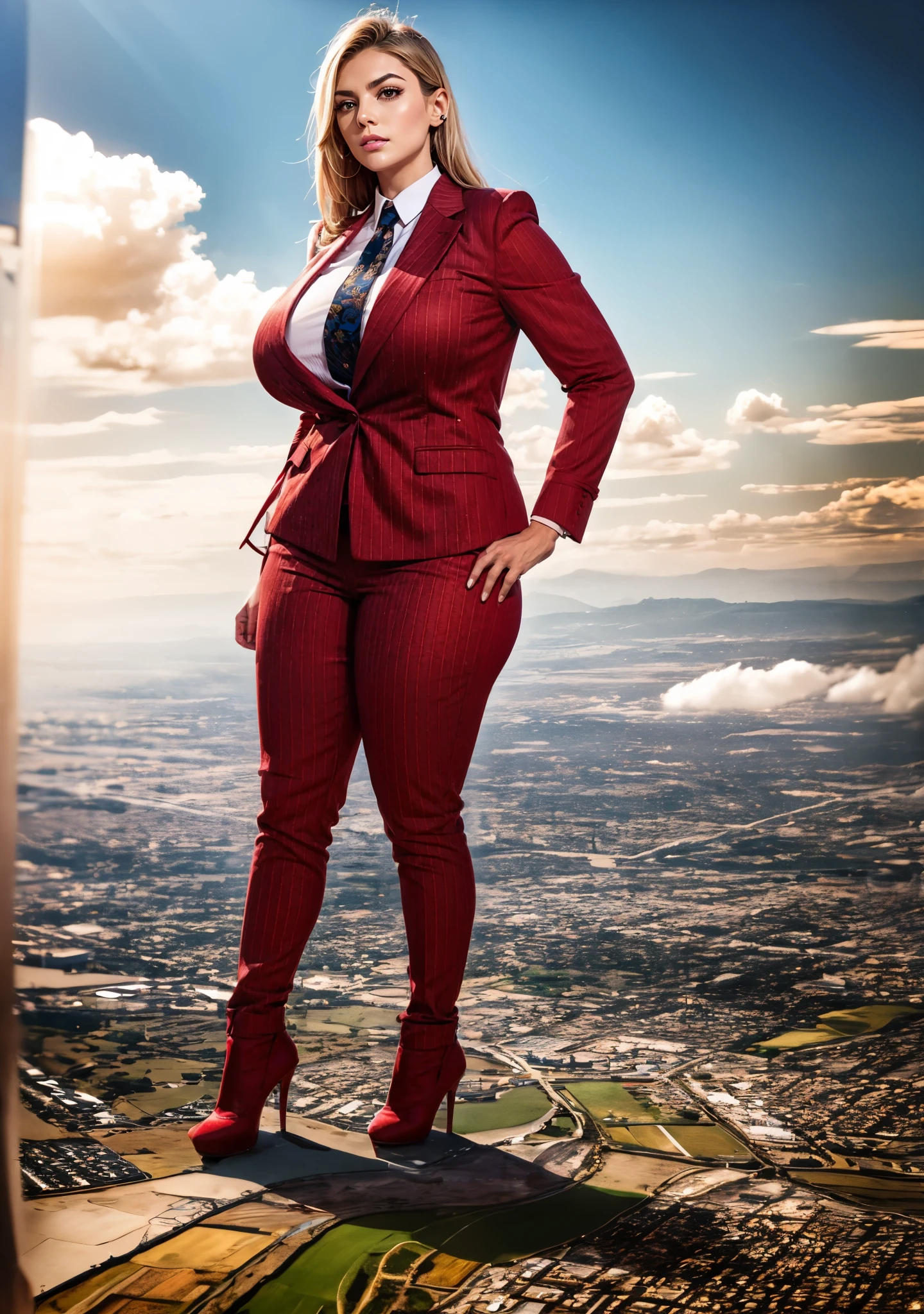 massive 100 miles tall giantess A sophisticated and stylish woman in a grey pinstriped trouser and blazer, white shirt, and a large wide necktie in a windsor knot, with a beautiful, curvaceous figure, massive breasts, and long blonde hair, with a curvaceous figure and massive breasts. wearing red rounded platform high heels with uncovered feet and standing, rampage-like pose, with a cityscape background of mega-city, urban sprawl, and small towns, partially obscured by a hazy, cloudy atmosphere. The image is a high-resolution, masterpiece-quality, cinematic, ultra-detailed, and hyper-photorealistic photograph, with perfect hands, face, and lighting. ultra-detailed, 8K, photo-realistic, hyper-realistic, masterpiece, intricate details, full body view. Looking at camera, The image is a high-resolution, masterpiece-quality, cinematic, ultra-detailed, and hyper-photorealistic photograph, with perfect hands, face, and lighting. ultra-detailed, 8K, photo-realistic, hyper-realistic, masterpiece, intricate details, full body view