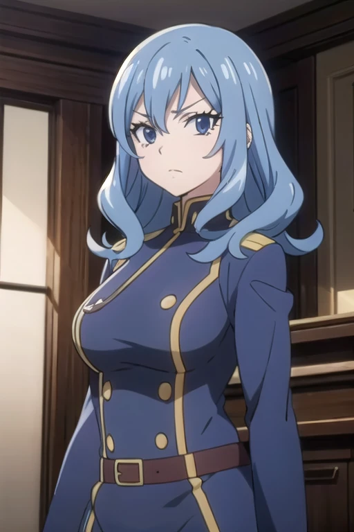 Juvia Lockser, blue eyes, blue hair, long curly hair, mature female, Anime female police officer, light-blue leotard, belt, blue hair, confident pose, (detailed facial features:1.3),  standing, three-quarter view, looking directly at viewer,  light background subtly suggesting interior setting,  stylized cartoon character anime style,  vibrant colors,  manga-style aesthetic,  (smooth skin texture:1.1),  military/police style,  (detailed uniform details:1.2).