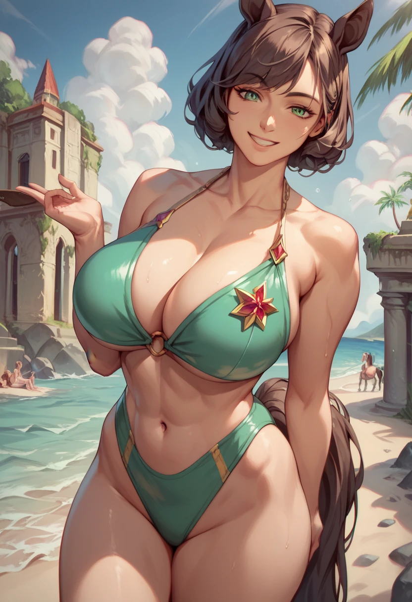 (( top quality,   masterpiece  ,  high definition )),  one girl,  Toukai Teio \(Horse Girl\),  swimsuit, (Emerald Green Bikini),  Big Breasts ,  clevis on a stone, (Horse's Tail), smile, smile, Sandy  beach ,  beach ,  standing,   forward leaning position