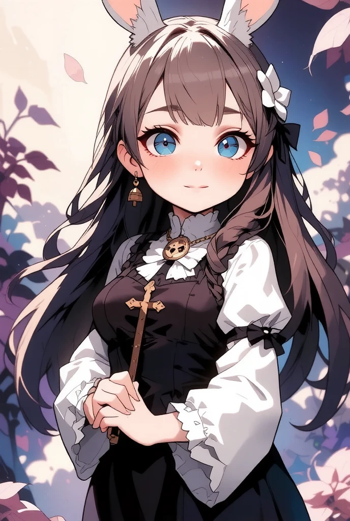 1girl, (furry, kemono:1.3), rabbit, rabbit girl, rabbit ears, blue eyes, long hair, hair flower, brown hair, braid, blush, very long hair, hair ornament, long sleeves, looking at viewer, flower, petals, bow, solo, holding, upper body, smile, cross, stained glass