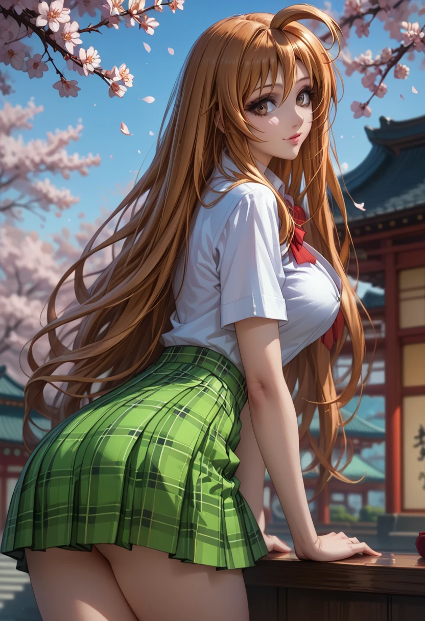 score_9, score_8_up, score_7_up, 1girl, solo, beautiful waifu, thicc, tall, mature sexy woman, (Aya Natsume, natsume aya, orange hair, long hair, brown eyes, ahoge:1.2), wearing (white school uniform, skirt, short skirt, plaid, green plaid skirt:1.1), (short sleeves, bare arms:1.1), cleavage, detailed eyes, detailed face, flirt, (sexy pose:1.2), standing, bent over, leaning forward, in beautiful Kyoto park, cherry blossoms, lowlight, early evening, shallow depth of field, (rear view:1.2).