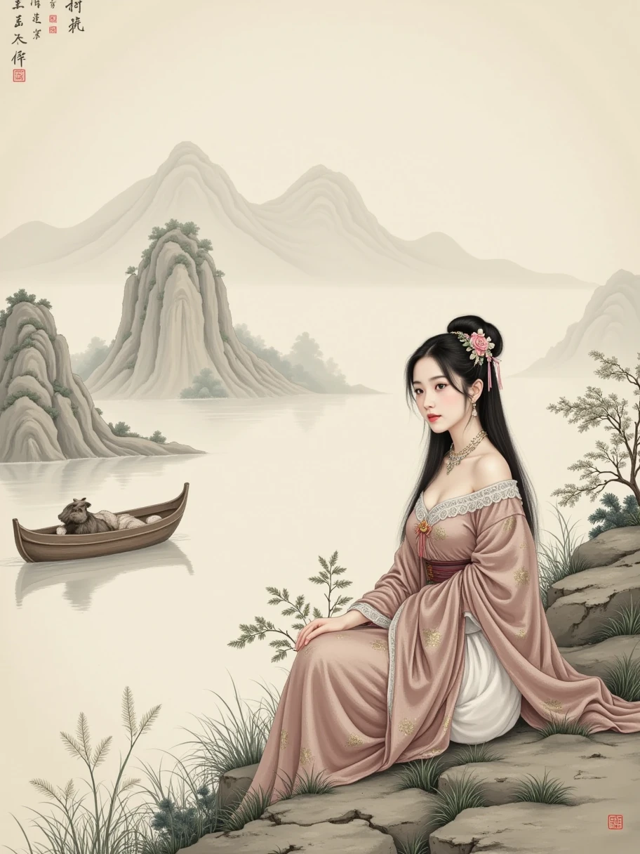 lace，Traditional Chinese landscape，Beige background， Light Grey Fine Grain Texture， Old Paper Texture ， Featured Chinese Art ，Song Dynasty，Rice paper，Goofy, 1girl， Grab a Dust Pen ，Lone clouds，Sit Alone ，Jingting Mountain，Never tire of watching