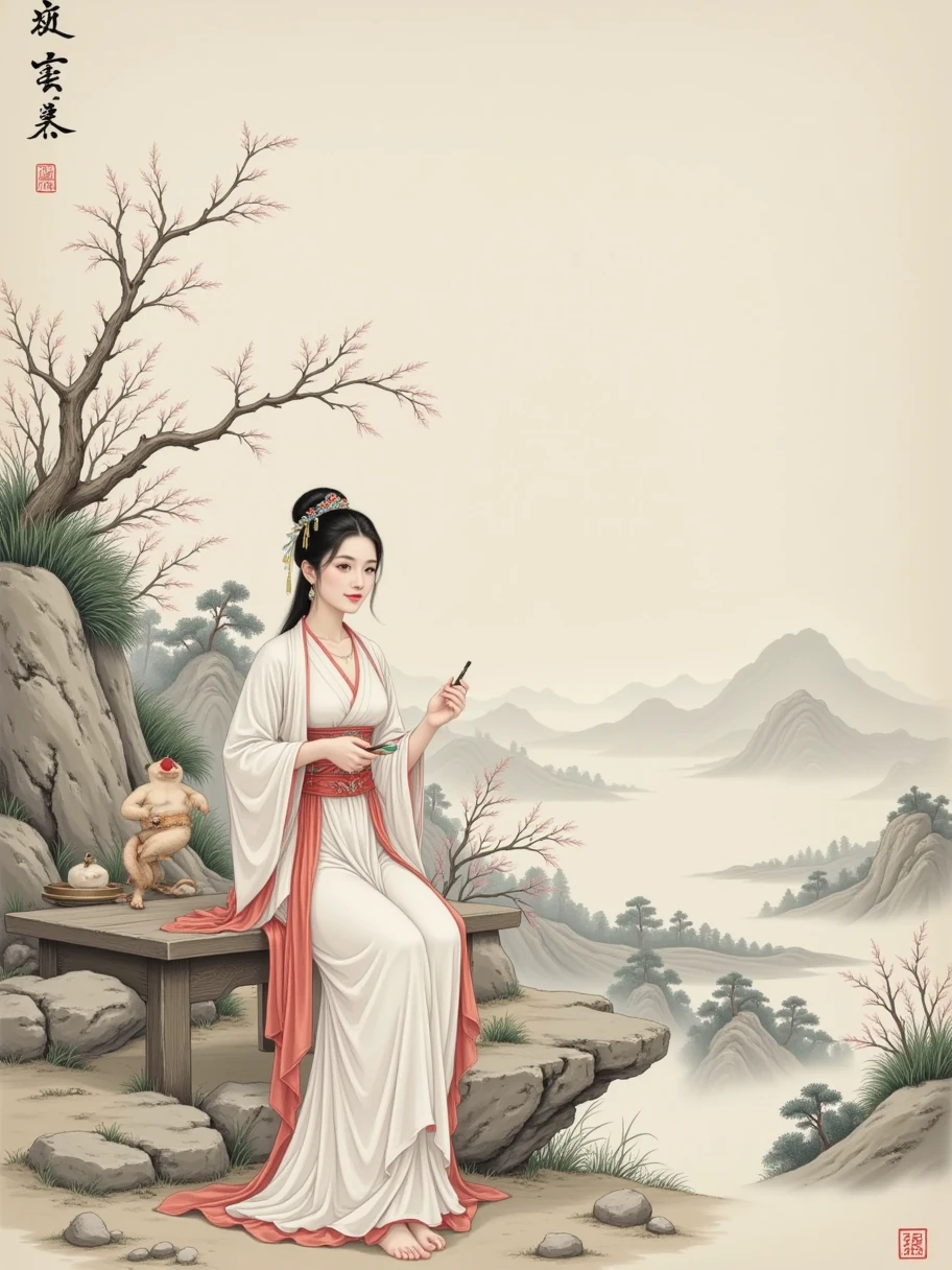 lace，Traditional Chinese landscape，Beige background， Light Grey Fine Grain Texture， Old Paper Texture ， Featured Chinese Art ，Song Dynasty，Rice paper，Goofy, 1girl， Grab a Dust Pen ，Lone clouds，Sit Alone ，Jingting Mountain，Never tire of watching