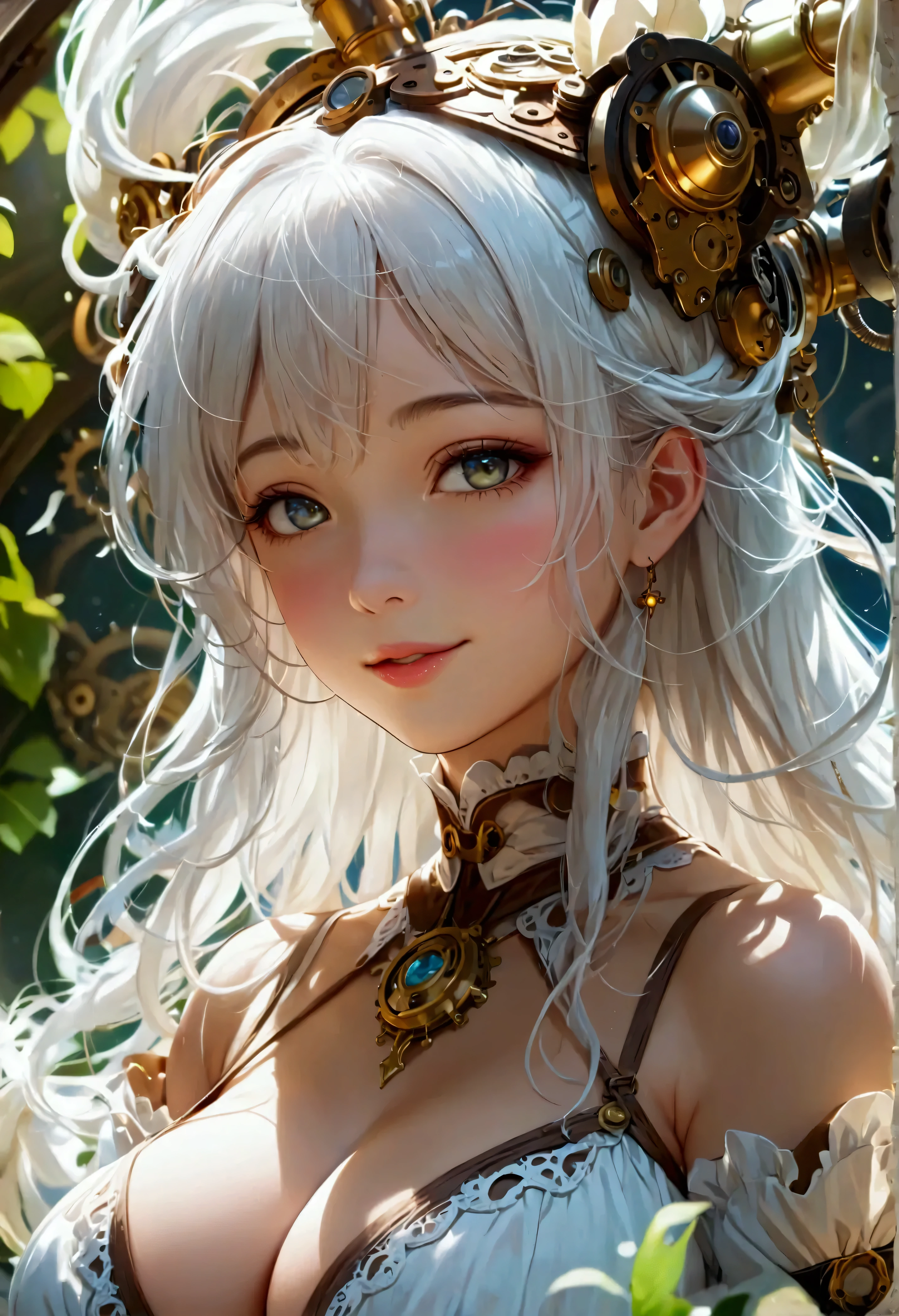 ((  masterpiece  ,  top quality,  Max Image,  high definition )), ((Highly detailed CG composite 8K wallpaper)), ((full body shot)), Steampunk、  young beautiful girl 、 ((large breasts:1.2), (huge breasts:1.2), (Uplifted and well-defined bust:1.2), (lifted chest:1.2), (perky breasts :1.2),(deep cleavage:1.4), Chest without clothes 、 Dreamy, smile, white hair 