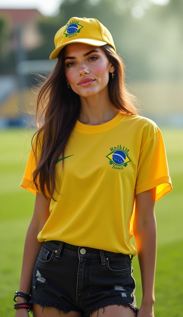Design a pleated skirt model, Wide planks type and in the division combine it with yellow color, above the ilban surrounded with yellow ribbon and the yellow blouse combined with white and some blue sherleader-type design for a  sports girl with the colors of yellow Brazil, blue and white.

