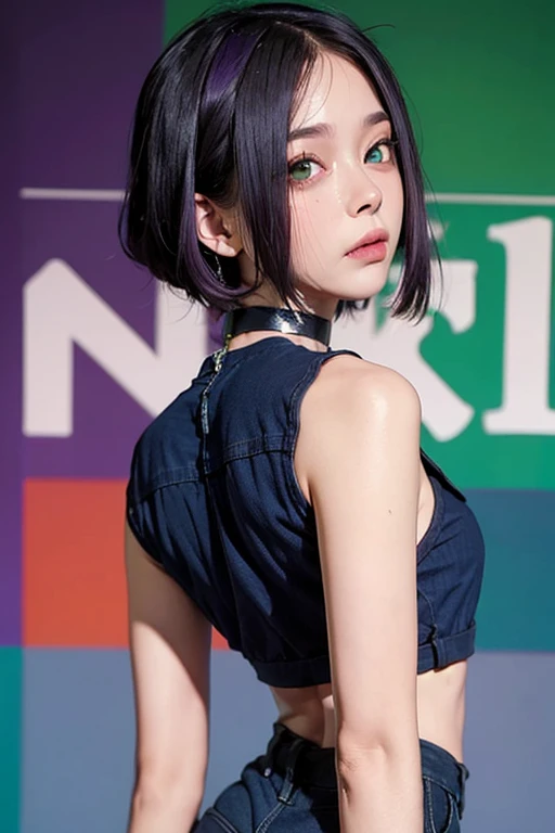 the Extremely Detailed CG Unity 8K Wallpapers、top-quality、ultra-detailliert、masterpiece、studio shoot、Full body portrait、(London punk fashion of the 70s:1.4), Studsbelt、Stud Bracelet、a choker、Silver Accessories、Vivienne Westwood、Sex pistols、realisitic、Behind the photo、large full breasts、realisitic、Photo Real、extremely detailed cute girl、独奏、17 age、Melancholy look, (Against the backdrop of London's Camden Town:1.4), Blue and black multi-colored hair, out of focus、blur、