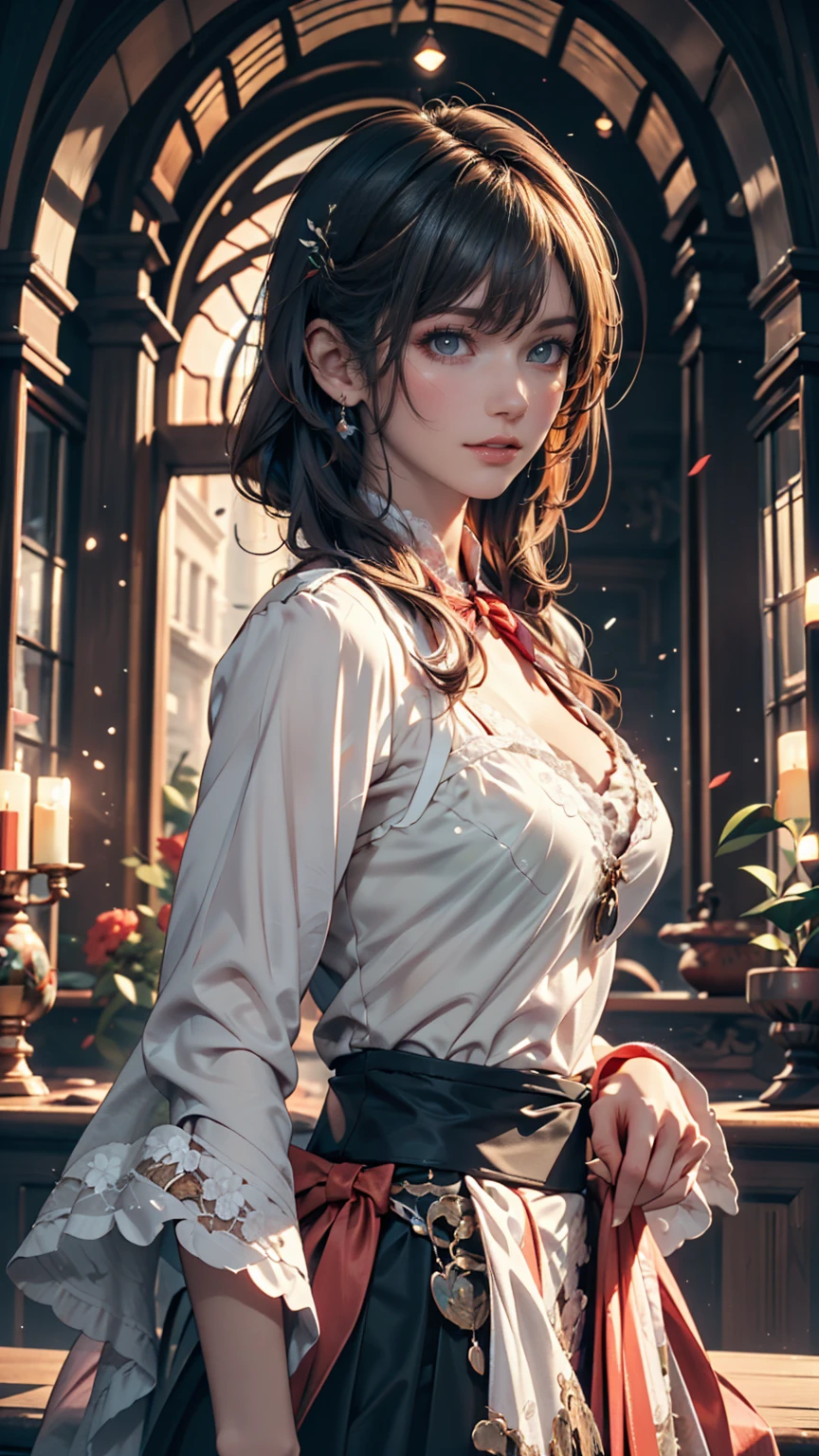 Florence Nightingale, (Ballet Costumes), Sitting in a chair, Smiling for the camera, White formal shirt, Loose collar button, Swollen nipples, Long, loose hair, (Delicate illustrations: 1.4), (Renaissance art: 1.4), (Ultra-high resolution: 1.2), (Photorealism: 1.4), (8k, RAW Photos: 1.2), (Soft Focus: 1.4), ( 18-year-old: 1.3), (Sharp focus: 1.4), Beautiful face with attention to detail, Pure rose face_v1