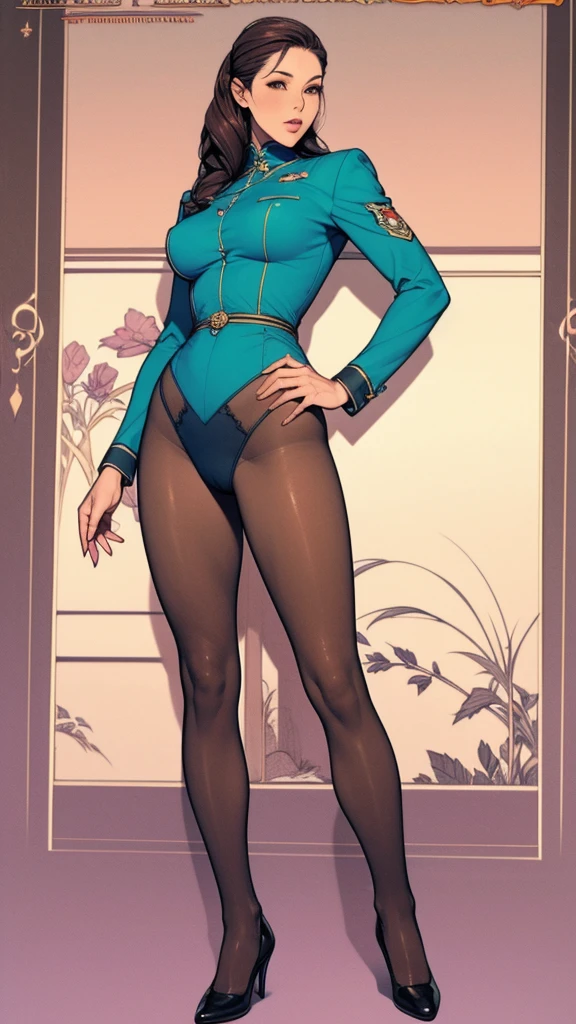 One girl, Mature Adult, Dark brown hair, Blue leotard, barefoot, boots, gloves, Hands on hips, casino, bracelet, Green Eyes, alone, single, Bob Hair