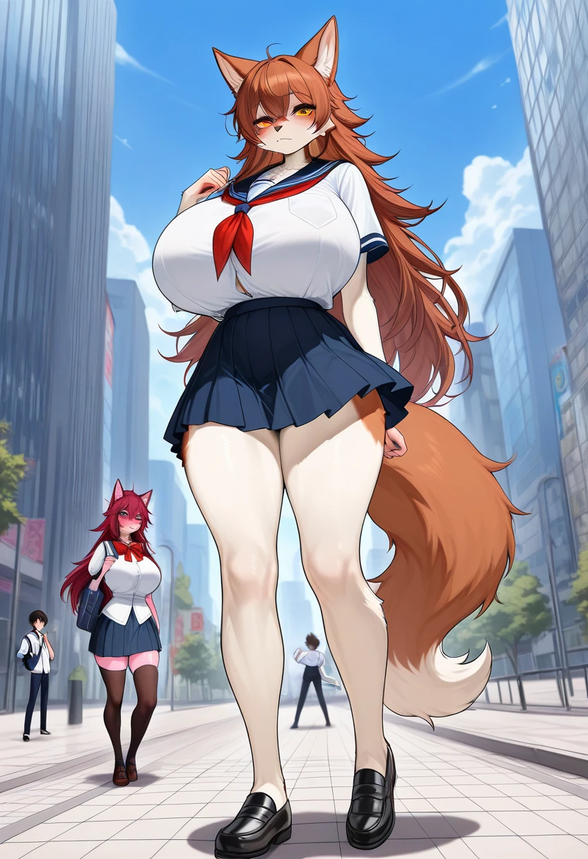 Anime style wolf Furry women,full body, (huge breasts) very long medium legs, school uniform, in the city, 