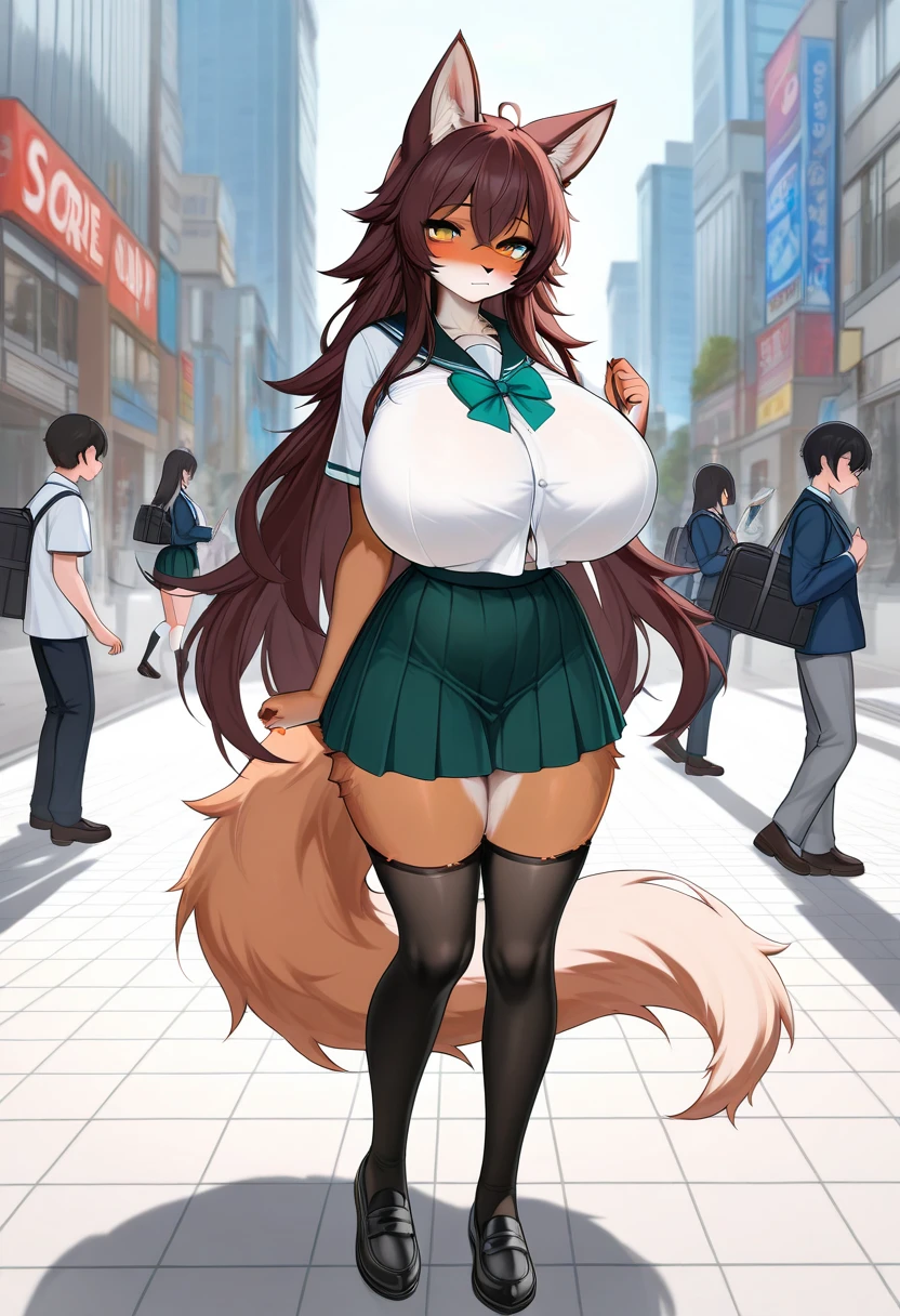 Anime style wolf Furry women,full body, (huge breasts) very long medium legs, school uniform, in the city, 