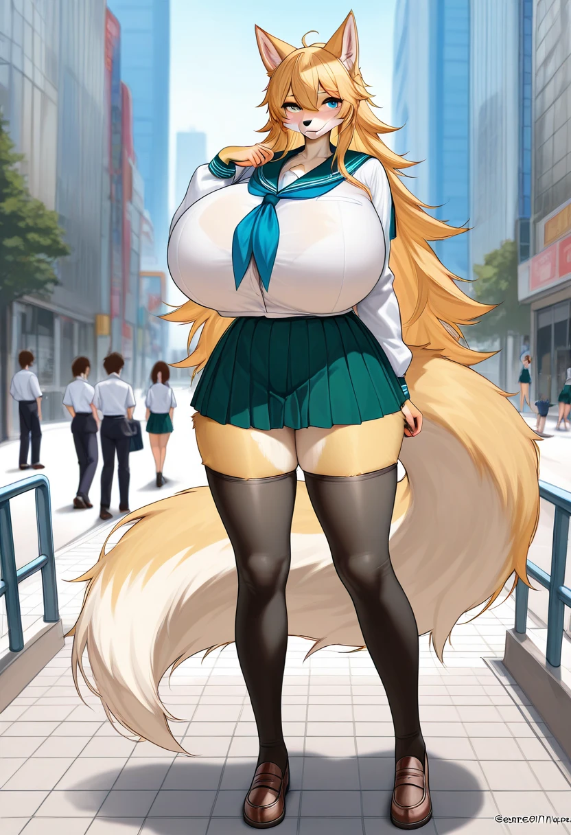 Anime style wolf Furry women,full body, (huge breasts) very long medium legs, school uniform, in the city, 