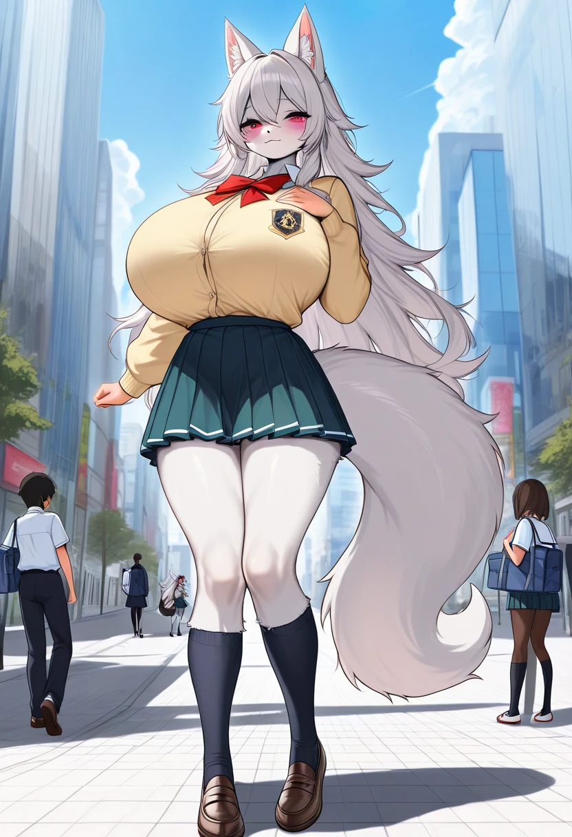 Anime style wolf Furry women,full body, (huge breasts) very long medium legs, school uniform, in the city, 