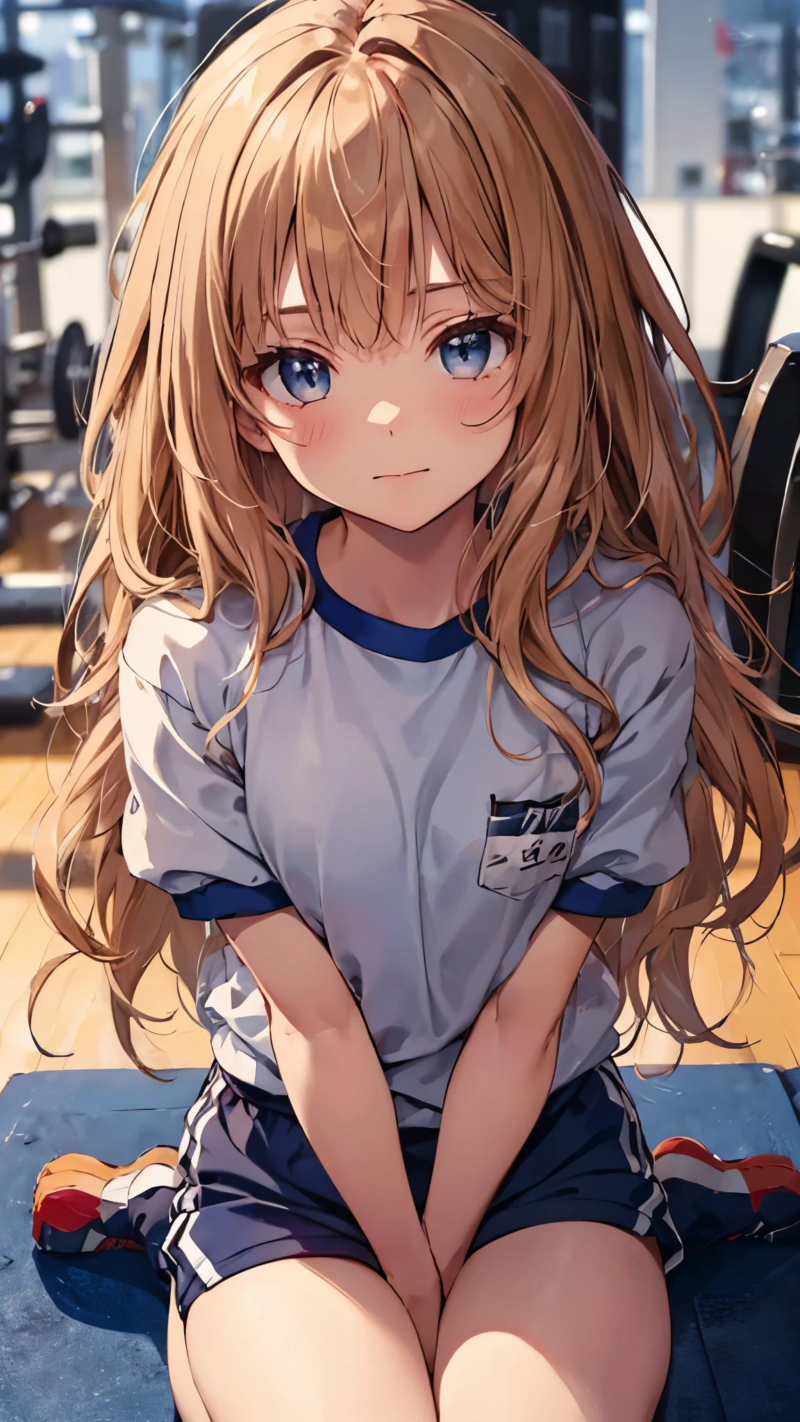 1girl, hermione,(chibi,flat chest),long hair,wavy hair,(messy hair),((white gym shirt, short sleeve,gym uniform,dark blue buruma:1.3),sitting,(wariza:1.5),masterpiece,Noise Reduction,perfect anatomy,high resolution, ultra-detailed, ultra-detailed face,game cg,dutch angle ,beautiful detailed eyes,visualart,five fingers, perfect hands, perfect lighting,