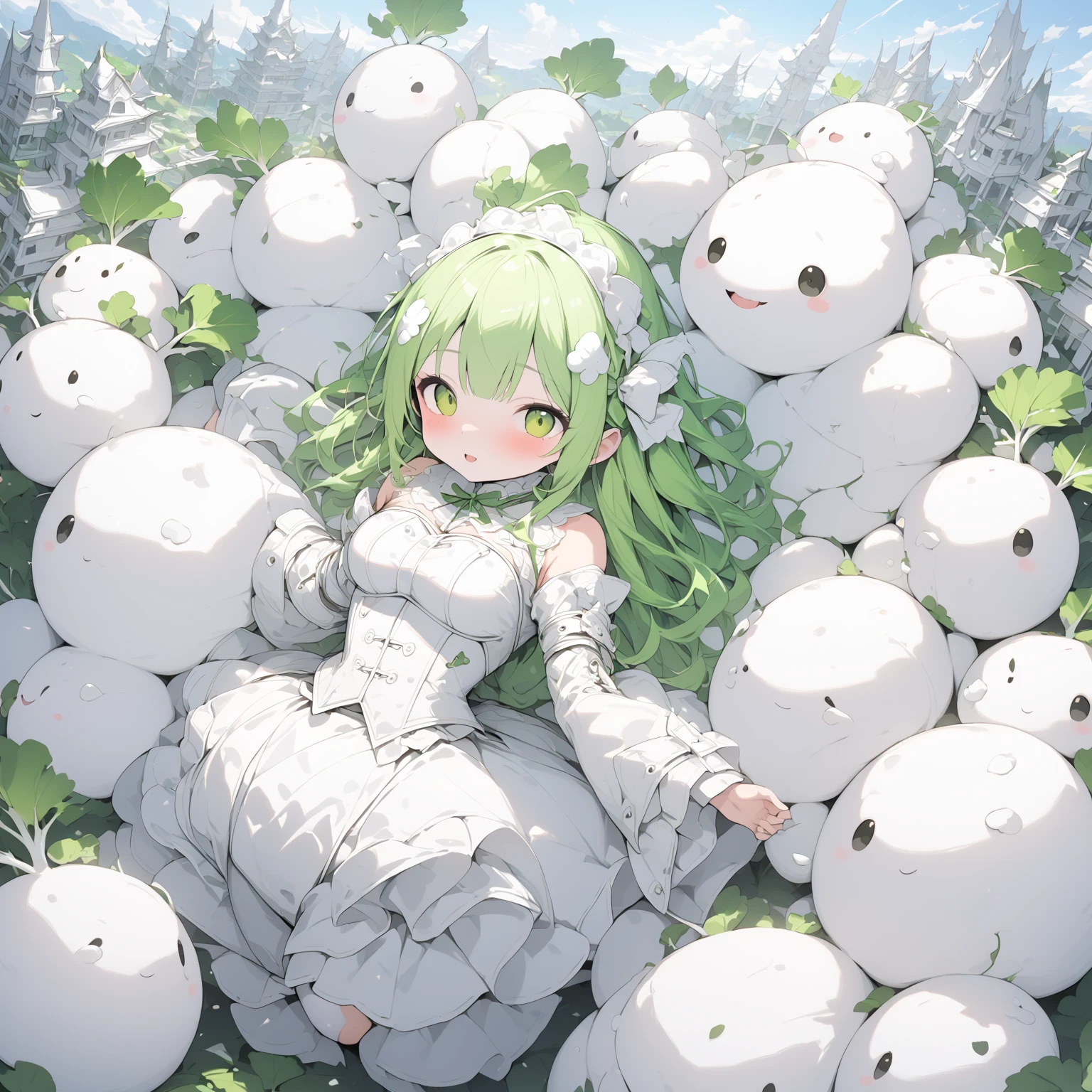 A creature with a white radish motif :1.1 , Japanese schoolgirl , Bright Atmosphere , (masterpiece, top quality, very detailed depiction, Incredibly Absurd High Definition ) , ( shiny white bondage corset with intricate structure , white knee-length skirt, Long Grove ,White tights, leather thigh-high boots),(green hair like radish leaves ,High quality skin, dramatic lighting ,top of mountain
