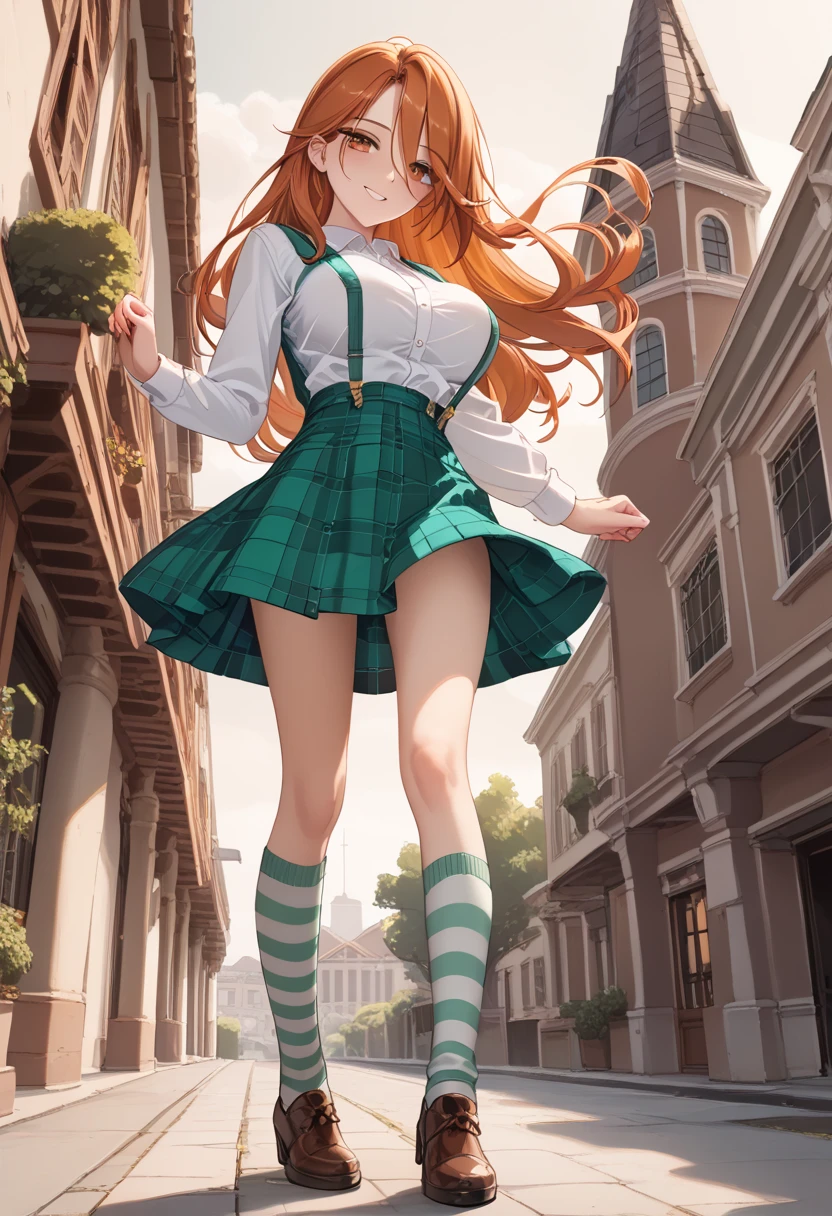Masterpiece+, best quality, 1girl, redhead, short light summer dress, green dress, huge breasts+, cleavage, smile, tights, narrow waist, black garters, full body, high heels, outdoor