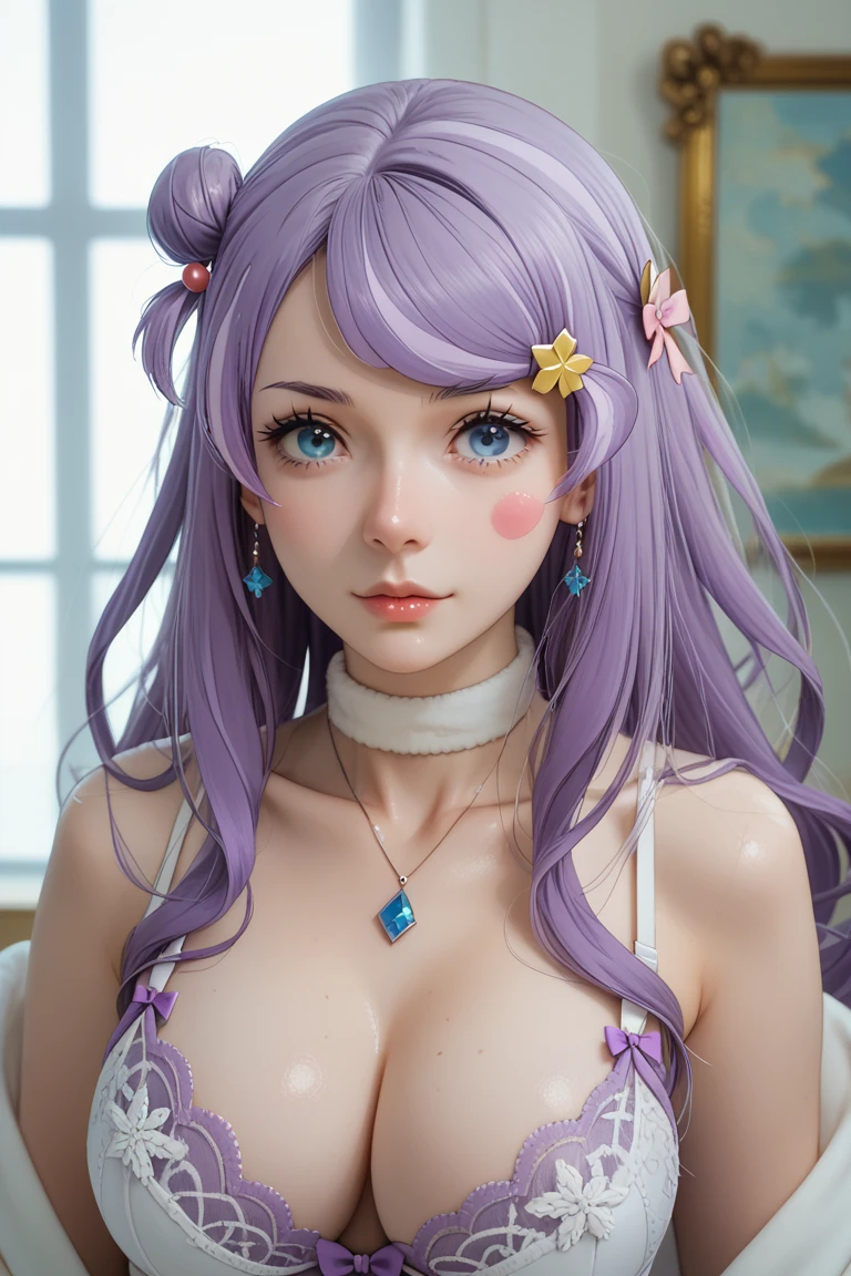 best quality, masterpiece, highres, solo, {white kimono:1.35}, {red hakama:1.35}, {wide sleeves:1.20}, {javelin_azurlane:1.15}, purple_hair, hair_ornament, ribbon, ponytail, bangs, smile, hair_ribbon, blush, crown, hair_between_eyes, green_eyes, mini_crown, breasts, open_mouth, blue_eyes, hot woman