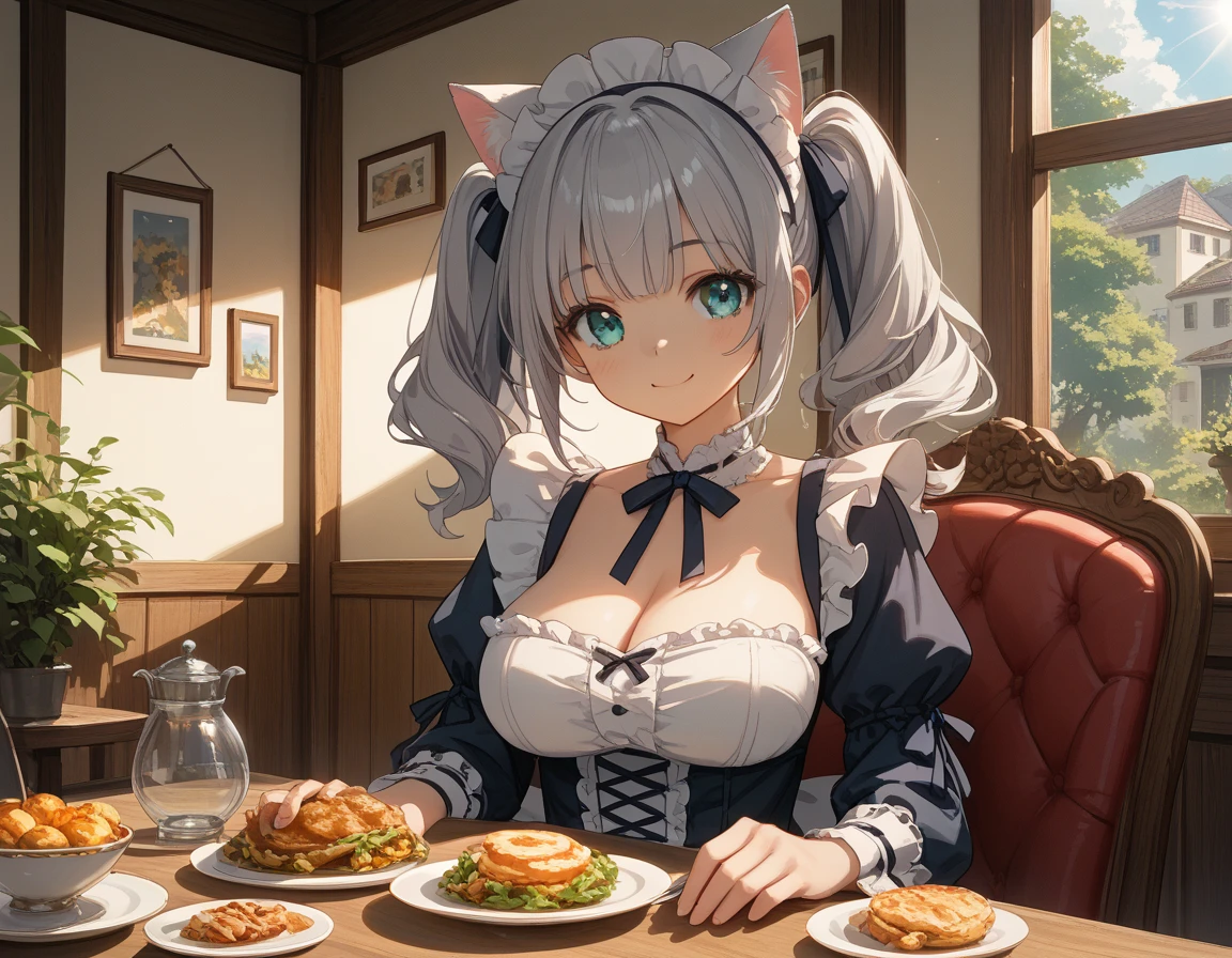 score_9, score_8_up, score_7_up,source_anime,1 cute girl,Silver Hair, twin tails、cat ears,　　Big Breasts、 Lolita style maid clothes、　Miniskirt、　valley、　Aqua Eye 、　Dirty body、　、 sit on a chair、　Eat dessert on the table、　happysmile　、　Beautiful face、　 Balcony 、　 Sun Sunlight、The 、 eye with the tableware looks at the dessert