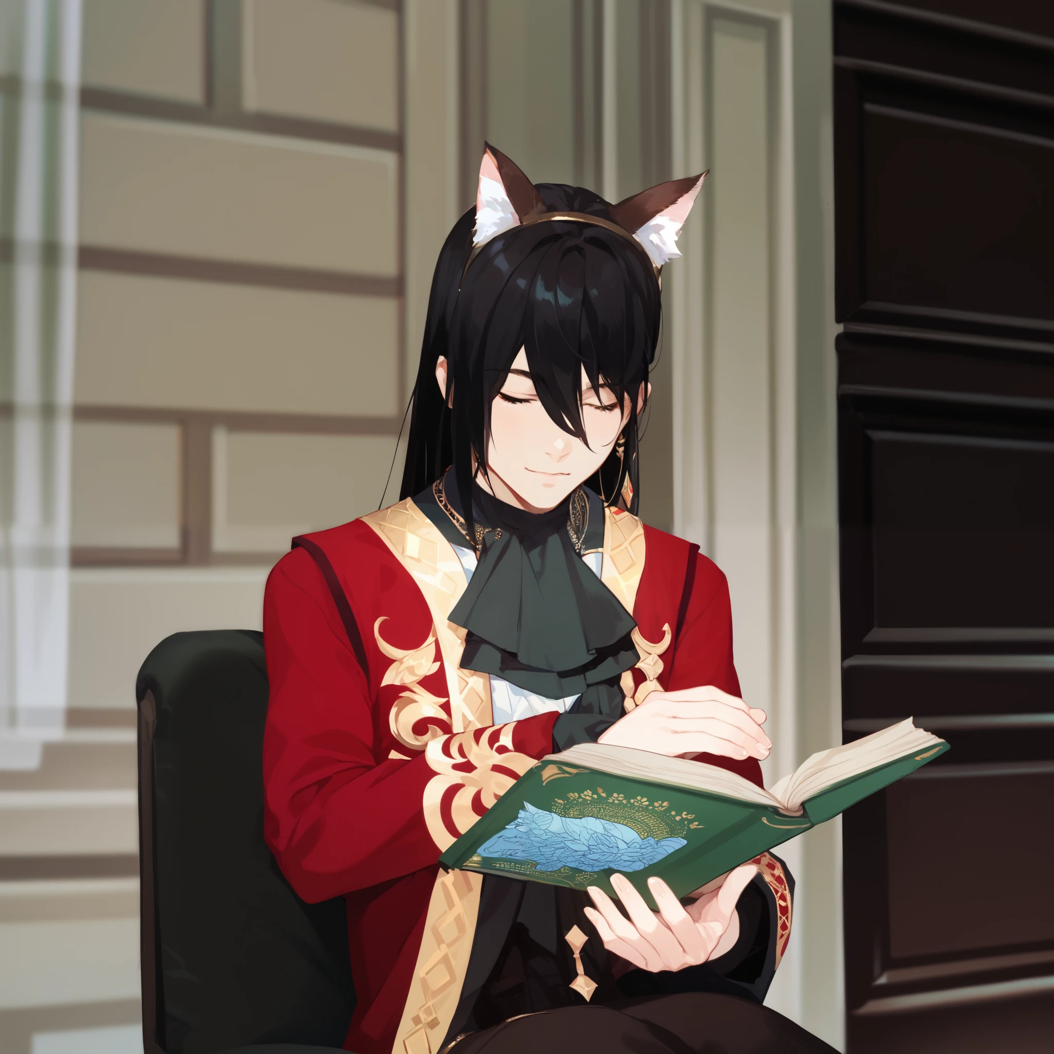 Anime man with cat ears sitting on a chair reading a book and wearing red noble clothes with a little gold pattern