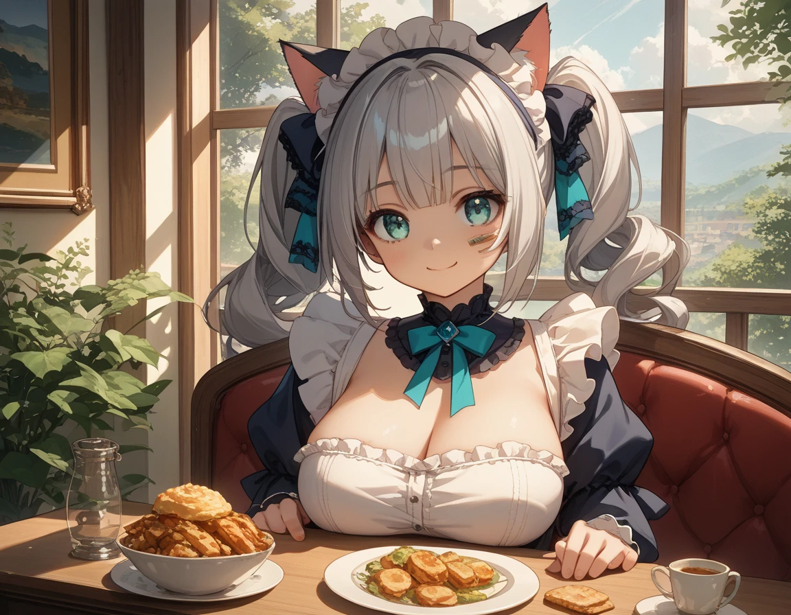 score_9, score_8_up, score_7_up,source_anime,1 cute girl,Silver Hair, twin tails、cat ears,　　Big Breasts、 Lolita style maid clothes、　Miniskirt、　valley、　Aqua Eye 、　Dirty body、　、 sit on a chair、　 Table、　happysmile　、　Beautiful face、　 Balcony 、　 Sun Sunlight、The 、View Desserts Eat Desserts on the 