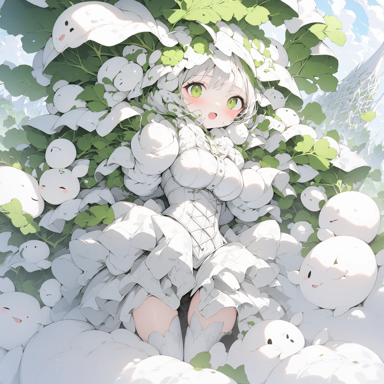 A creature with a white radish motif :1.1 , Japanese schoolgirl , Bright Atmosphere , (masterpiece, top quality, very detailed depiction, Incredibly Absurd High Definition ) , ( shiny white bondage corset with intricate structure , white knee-length skirt, Long Grove ,White tights, leather thigh-high boots),(green hair like radish leaves ,High quality skin, dramatic lighting ,top of mountain
