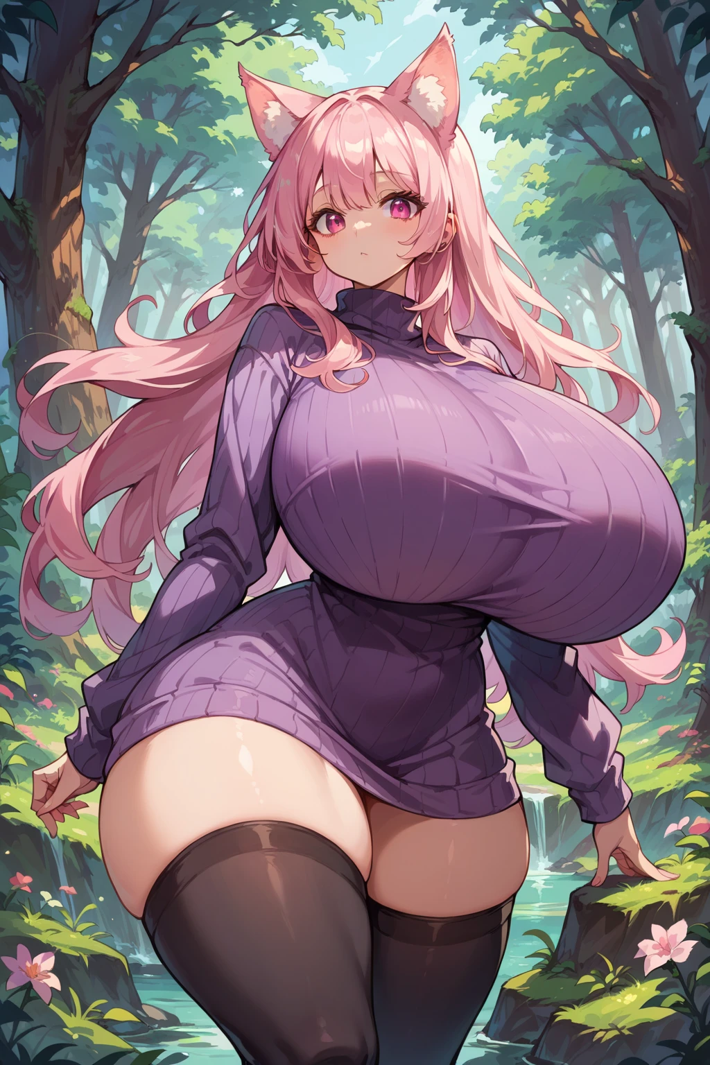 light pink hair, long hair, tall cat ears, pink eyes, cute, gigantic breasts, gigantic thighs, extremely wide hips, ribbed sweater, black thighhighs, forest, nature, purple sweater