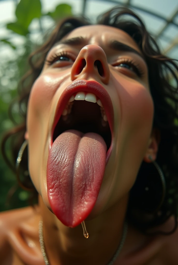 Flying debris,Award-winning photo, Very detailed, Edge Orgasm, Woman with open mouth and closed eyes , Sweaty skin、Lighting that highlights shiny sweat{{{Spread the word }}}, Black Hair、Browsing Caution,{{{{Crowd of elderly male spectators,Surrounded by men,}}}},(length, Narrow nostrils)、Raise your arms behind your head,(Sticking out a long tongue)
