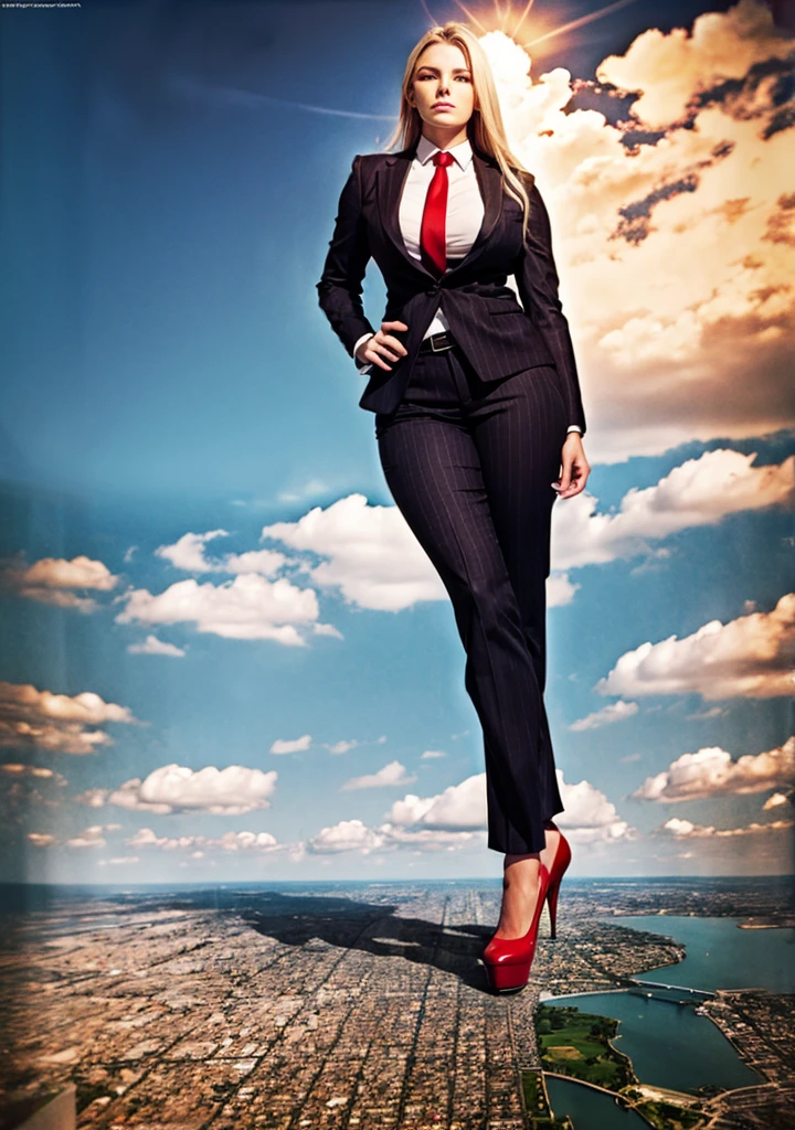 massive 100 miles tall giantess A sophisticated and stylish woman in a grey pinstriped trousers and blazer, white shirt, and a large wide necktie in a windsor knot, with a beautiful, curvaceous figure, massive breasts, and long blonde hair, with a curvaceous figure and massive breasts. wearing red rounded platform high heels with uncovered feet and standing, rampage-like pose, with a cityscape background of mega-city, urban sprawl, and small towns, partially obscured by a hazy, cloudy atmosphere. The image is a high-resolution, masterpiece-quality, cinematic, ultra-detailed, and hyper-photorealistic photograph, with perfect hands, face, and lighting. ultra-detailed, 8K, photo-realistic, hyper-realistic, masterpiece, intricate details, full body view. Looking at camera, The image is a high-resolution, masterpiece-quality, cinematic, ultra-detailed, and hyper-photorealistic photograph, with perfect hands, face, and lighting. ultra-detailed, 8K, photo-realistic, hyper-realistic, masterpiece, intricate details, full body view