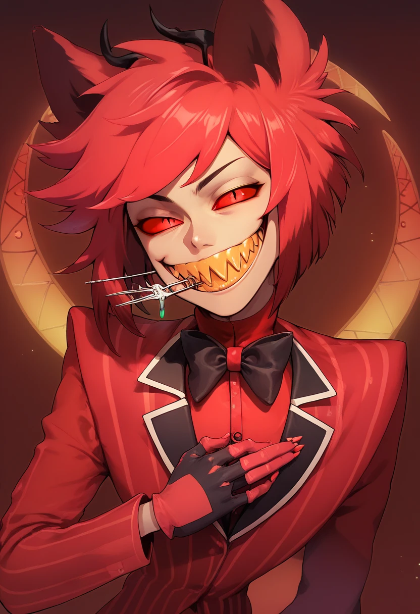 masterpiece, best quality, gloves, glove biting, bowtie, jacket, monocle, suit, Crosier, 1boy, solo, animal ears, sharp teeth, red eyes, teeth, bow, smile, looking at viewer, slit pupils, red hair, grin, multicolored hair, red sclera, Cartoon