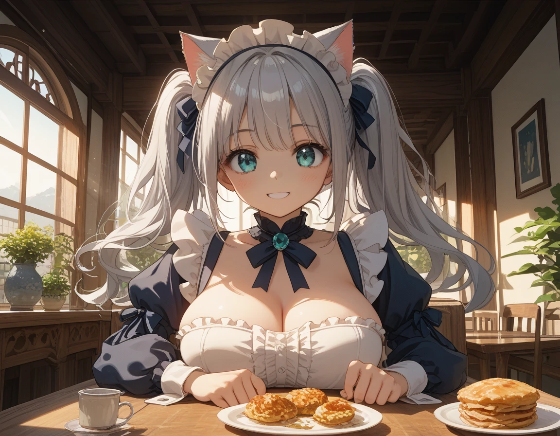 score_9, score_8_up, score_7_up,source_anime,1 cute girl,Silver Hair, twin tails、cat ears,　　Big Breasts、 Lolita style maid clothes、　Miniskirt、　valley、　Aqua Eye 、　Dirty body、　、 sit on a chair、　Eat dessert on the table、　happysmile　、　Beautiful face、　 Balcony 、　 Sun Sunlight、The 、View Desserts Eat Desserts on the 、Chest on the table