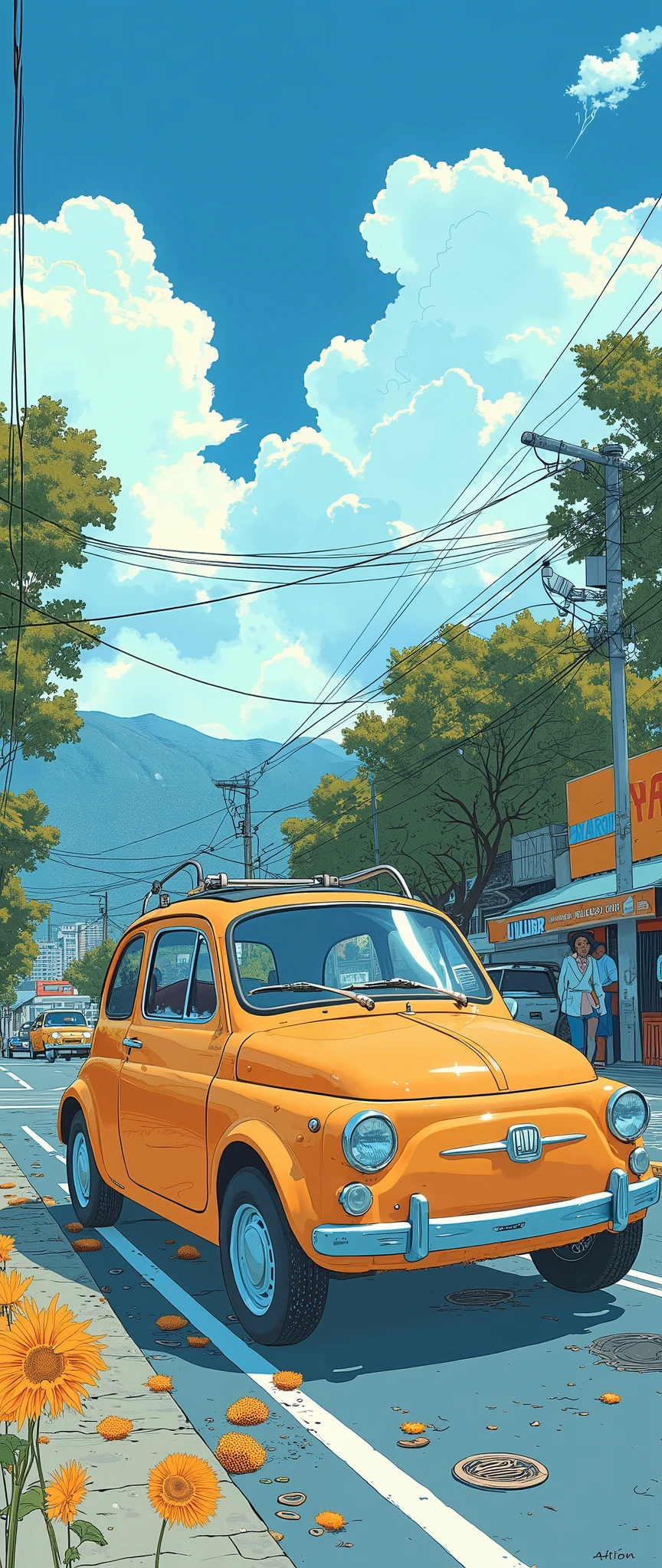 (  masterpiece  :1.2,  top quality),(   very detailed),   Anime Style,8k,16k,  wallpaper,( Fiat 500:2.0), Beautiful blue sky ,(South Africa 2 .0),( Cape Town :2.0),( dynamic :2.0)