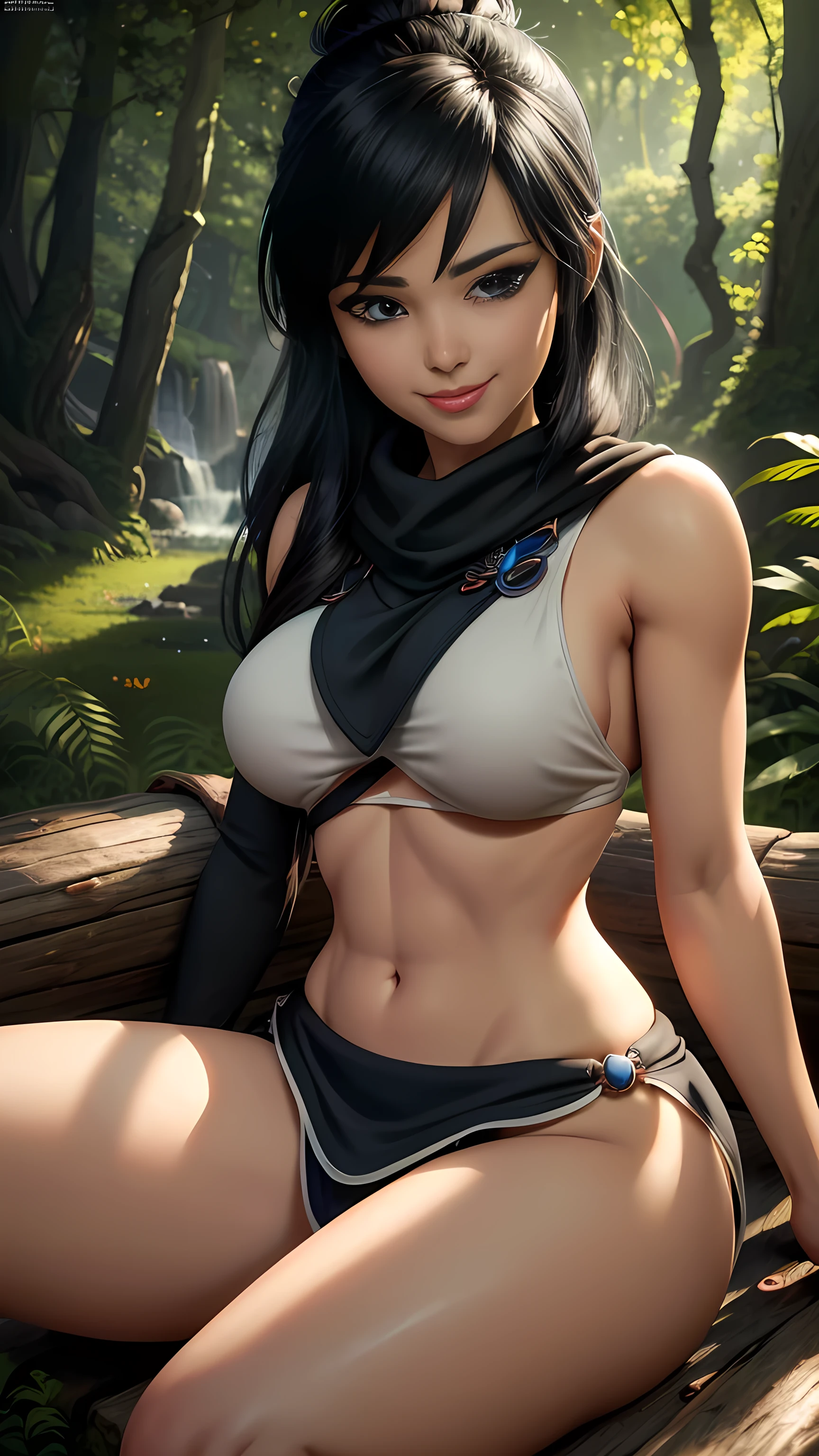 Kena da bridge of spirits, ((white and black bikini)), thong, (best qualityer,4K,8k,high resolution,work of art:1.2)(weather: windy), sitting on couch, open legs, cameltoe, bedroom background, long hair,  stockings,ultra detailed,realisitic,portraite,beautiful detailed blue eyes,beautiful detailed lips,extremely detailed eye and face, long eyelashes,sexly, large breasts,flying hair,beaming smile,powerful girl in a forest, sexy pose,stunning curves,bright coloured,dramatic lighting,composition, 