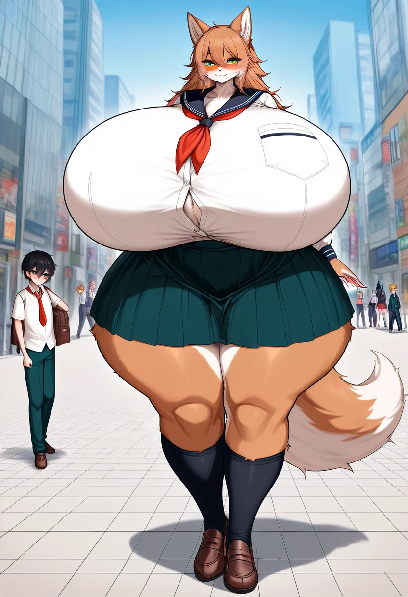 Anime style wolf Furry women,full body, (gigantic breasts)(very wide gigantic hips) very long medium legs, school uniform, in the city, 