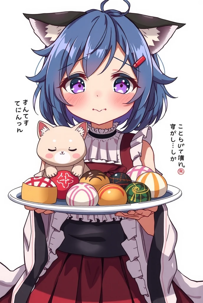 1girl, animal ears, purple eyes, cat ears, short hair, blue hair, open mouth, parted lips, blush, japanese clothes, apron, maid headdress, skirt, frills, maid, kimono, wide sleeves, long sleeves, pleated skirt, looking at viewer, wagashi, dango, food, animal, cat, holding animal, solo, holding, yagasuri, white background, simple background, cowboy shot, wa maid, holding food, animal ear fluff, sanshoku dango, frilled apron, white apron