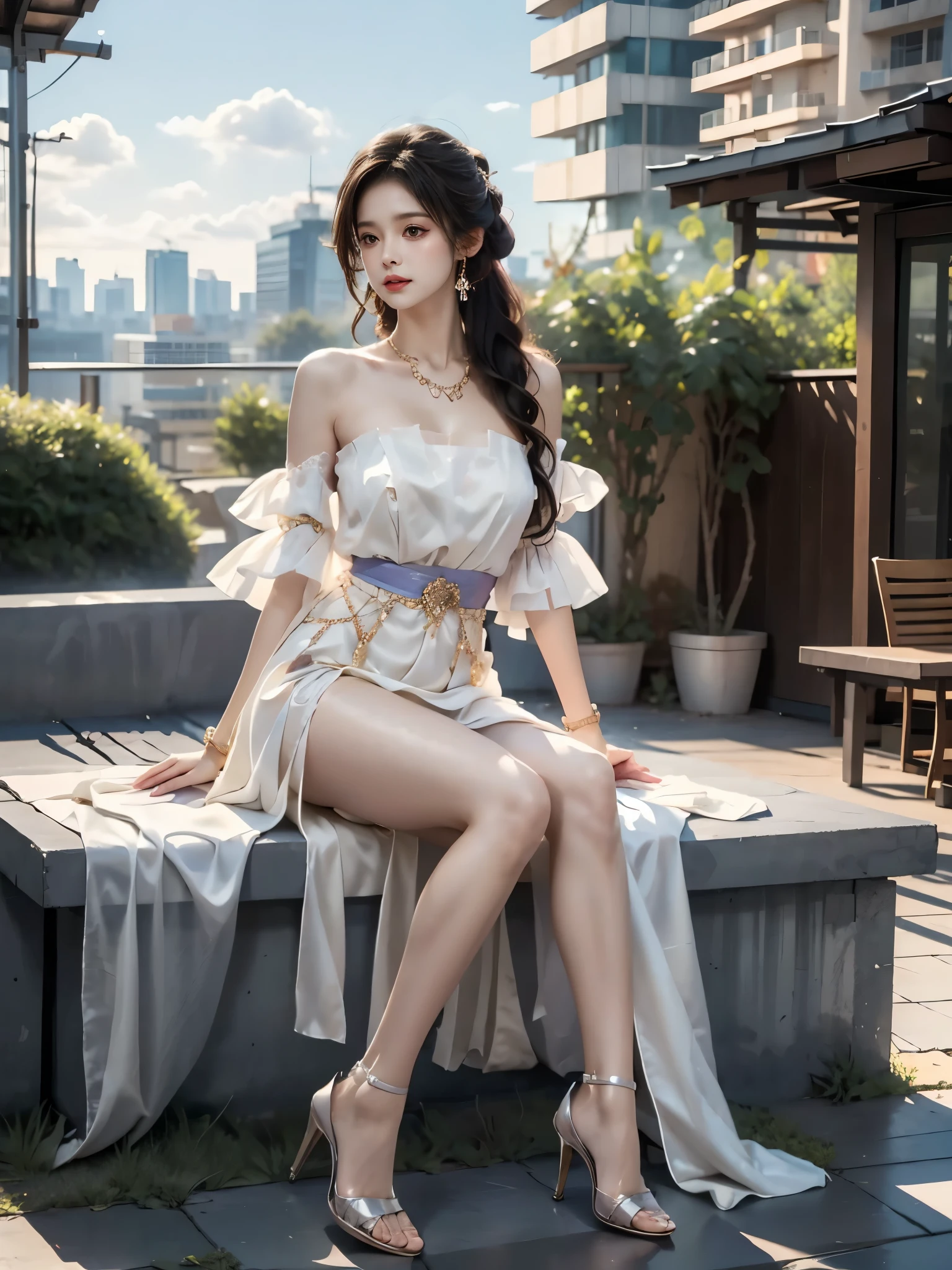 guqinghan, jrys, high heels,bare shoulders, see-through, jewelry,strapless, collarbone, bracelet, off shoulder,earrings, bow,cleavage, tube dress, strapless dress ((full body:1.3)), 1girl, A young woman sitting elegantly outdoors in a vibrant urban setting, (sitting on a low concrete step:1.2), (natural 45-degree side pose), (thighs parallel to ground, lower legs angled naturally at 120 degrees:1.3), (anatomically correct legs:1.4), deep V-neck top with nice cleavage, short dress with a flowing hemline, one hand placed behind for support with straight arm, perfect hip alignment, sunny day, clear blue sky, modern glass skyscrapers in the background, soft natural lighting, photorealistic, smooth shadows and highlights, (slim athletic figure:1.2), warm sunset glow reflecting on skin, cinematic composition, vivid colors